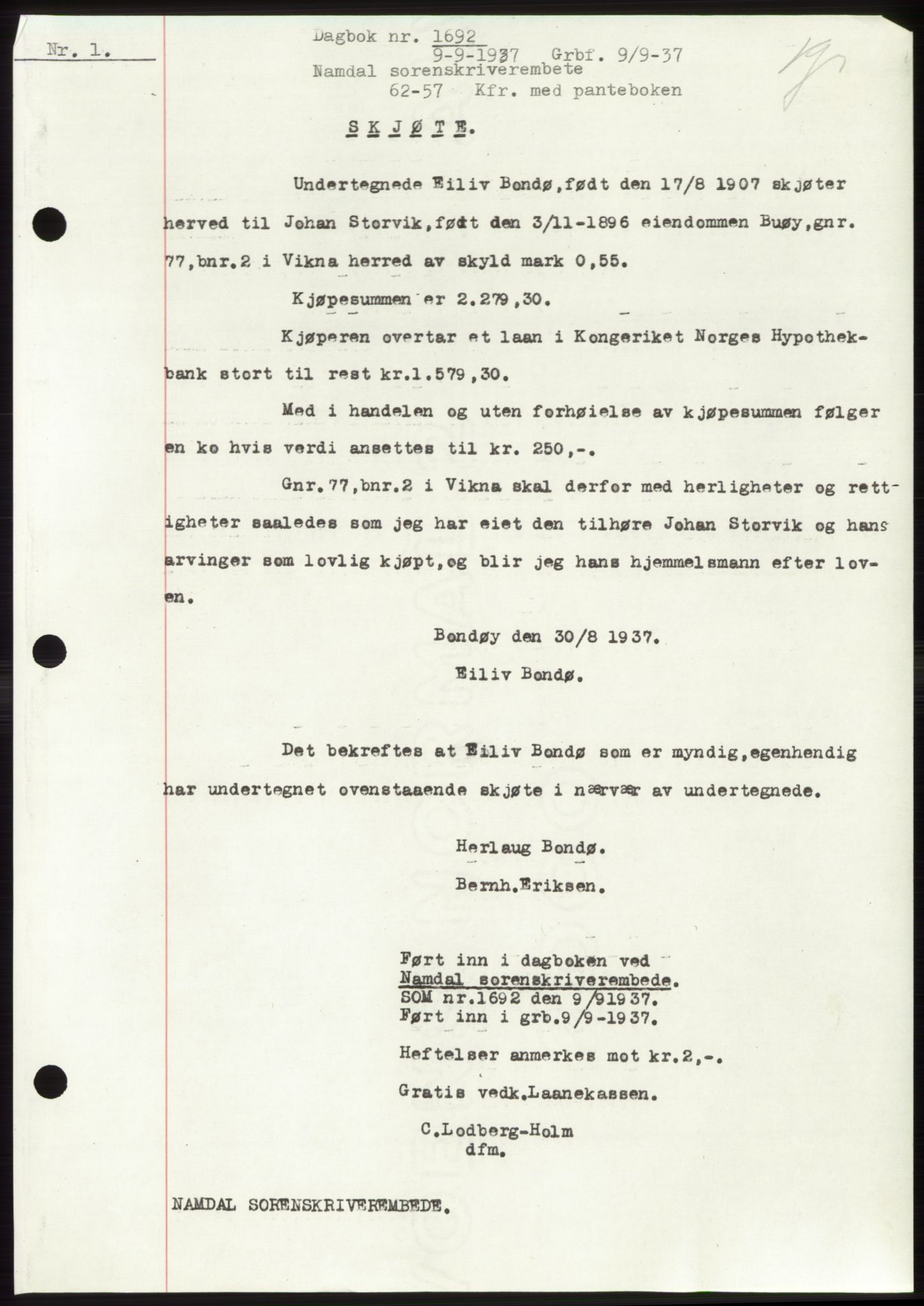 Namdal sorenskriveri, SAT/A-4133/1/2/2C: Pantebok nr. -, 1937-1939, Tingl.dato: 09.09.1937