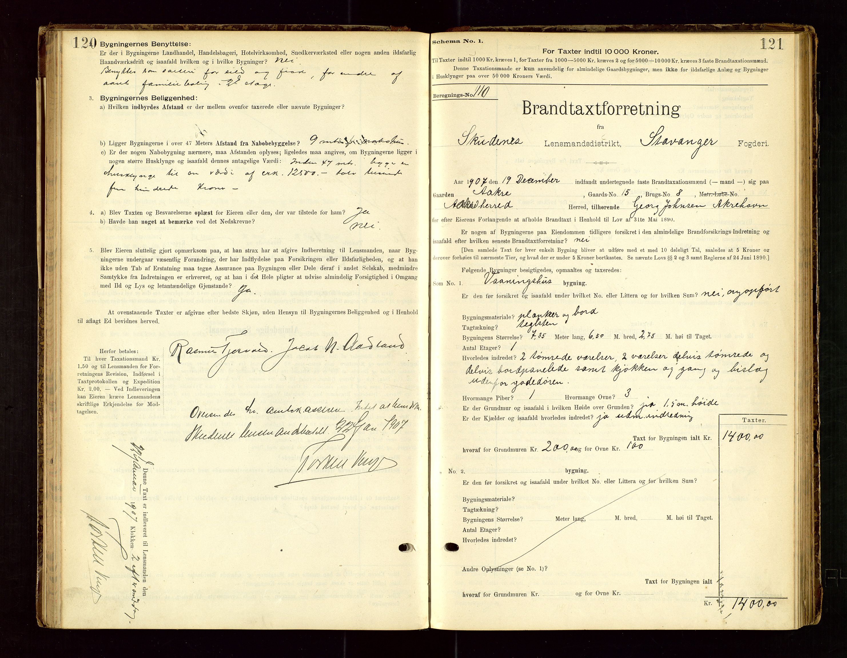 Skudenes lensmannskontor, SAST/A-100444/Gob/L0001: "Brandtaxationsprotokoll", 1895-1924, s. 120-121