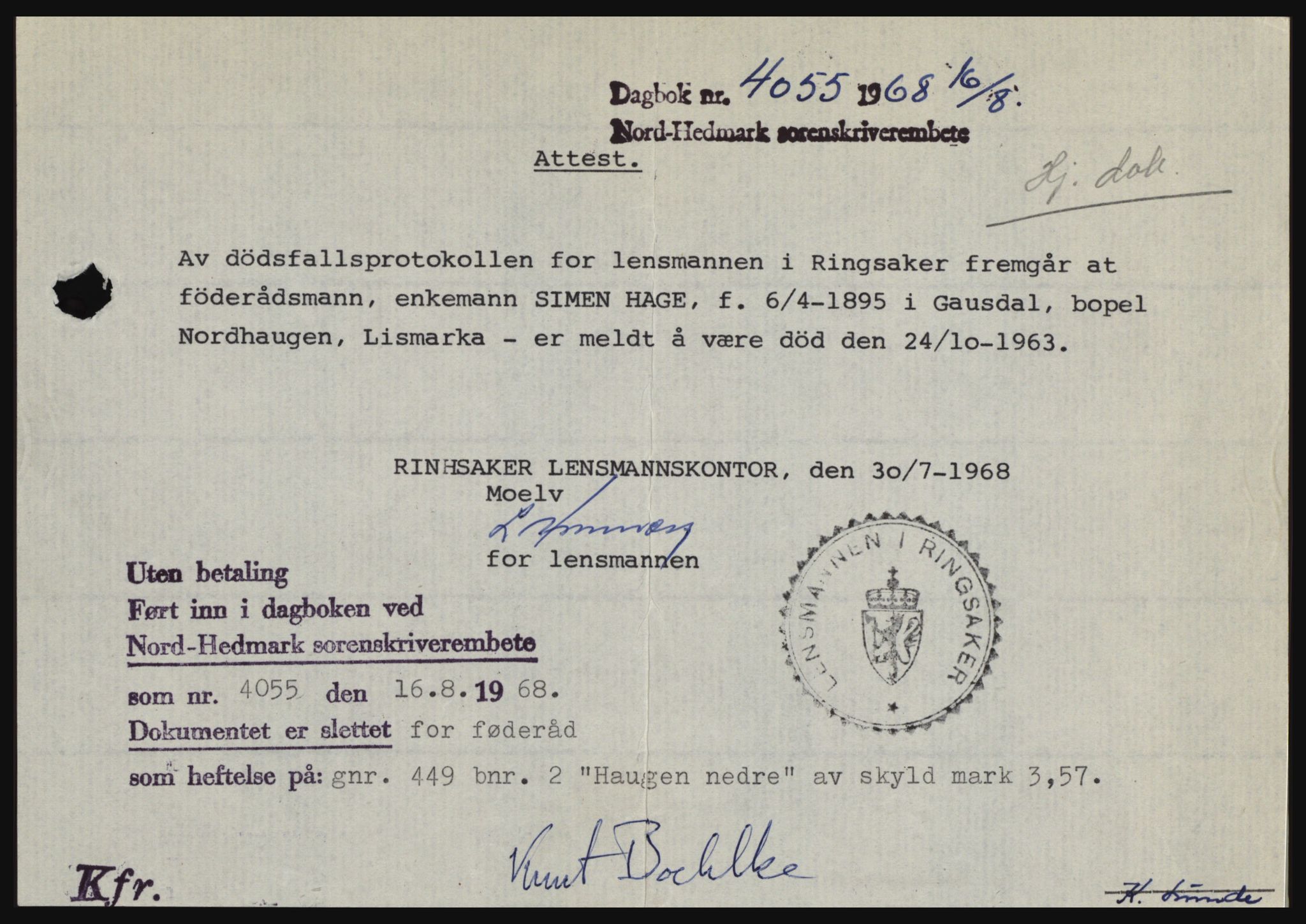 Nord-Hedmark sorenskriveri, SAH/TING-012/H/Hc/L0028: Pantebok nr. 28, 1968-1968, Dagboknr: 4055/1968