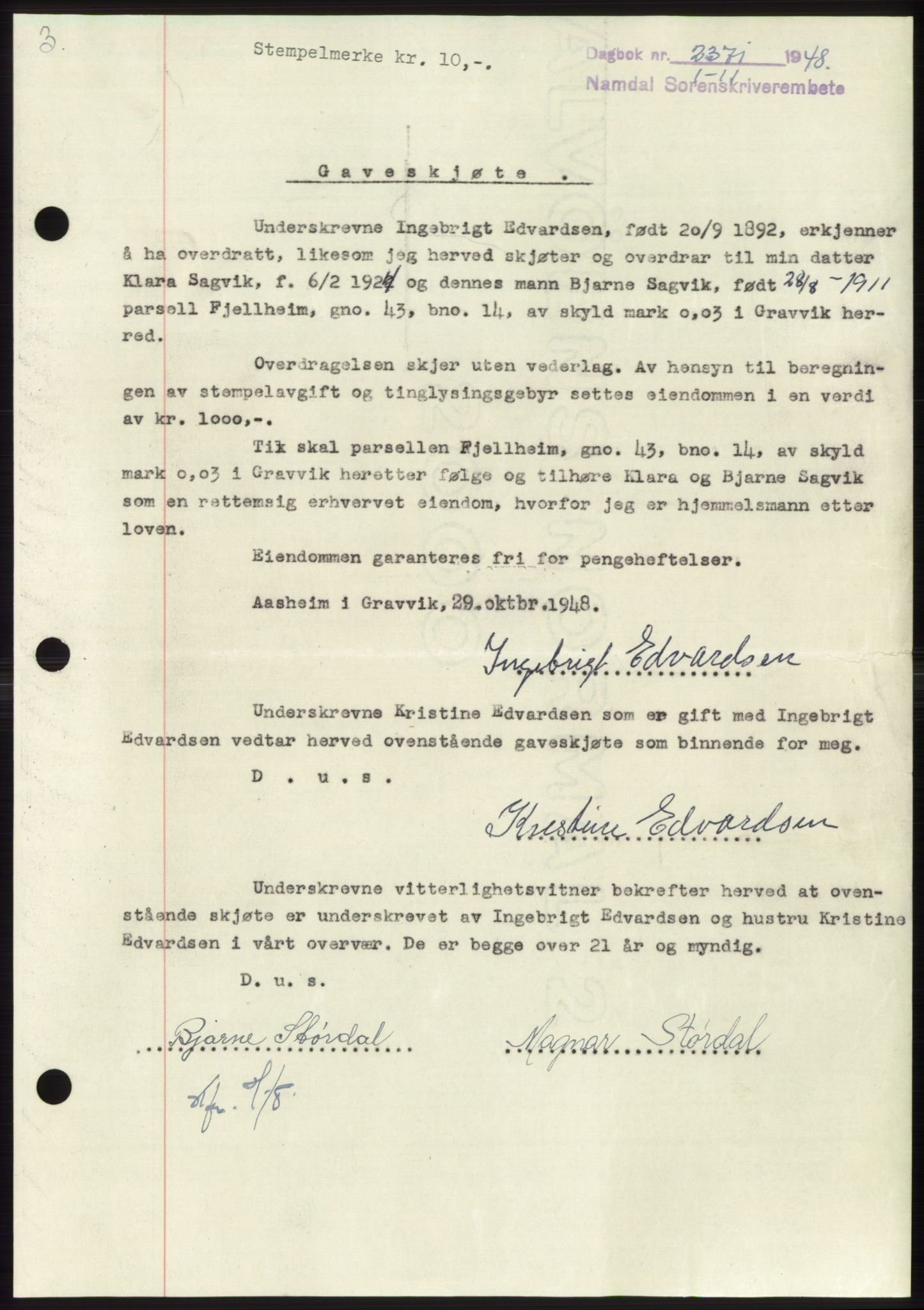 Namdal sorenskriveri, SAT/A-4133/1/2/2C: Pantebok nr. -, 1948-1948, Dagboknr: 2371/1948