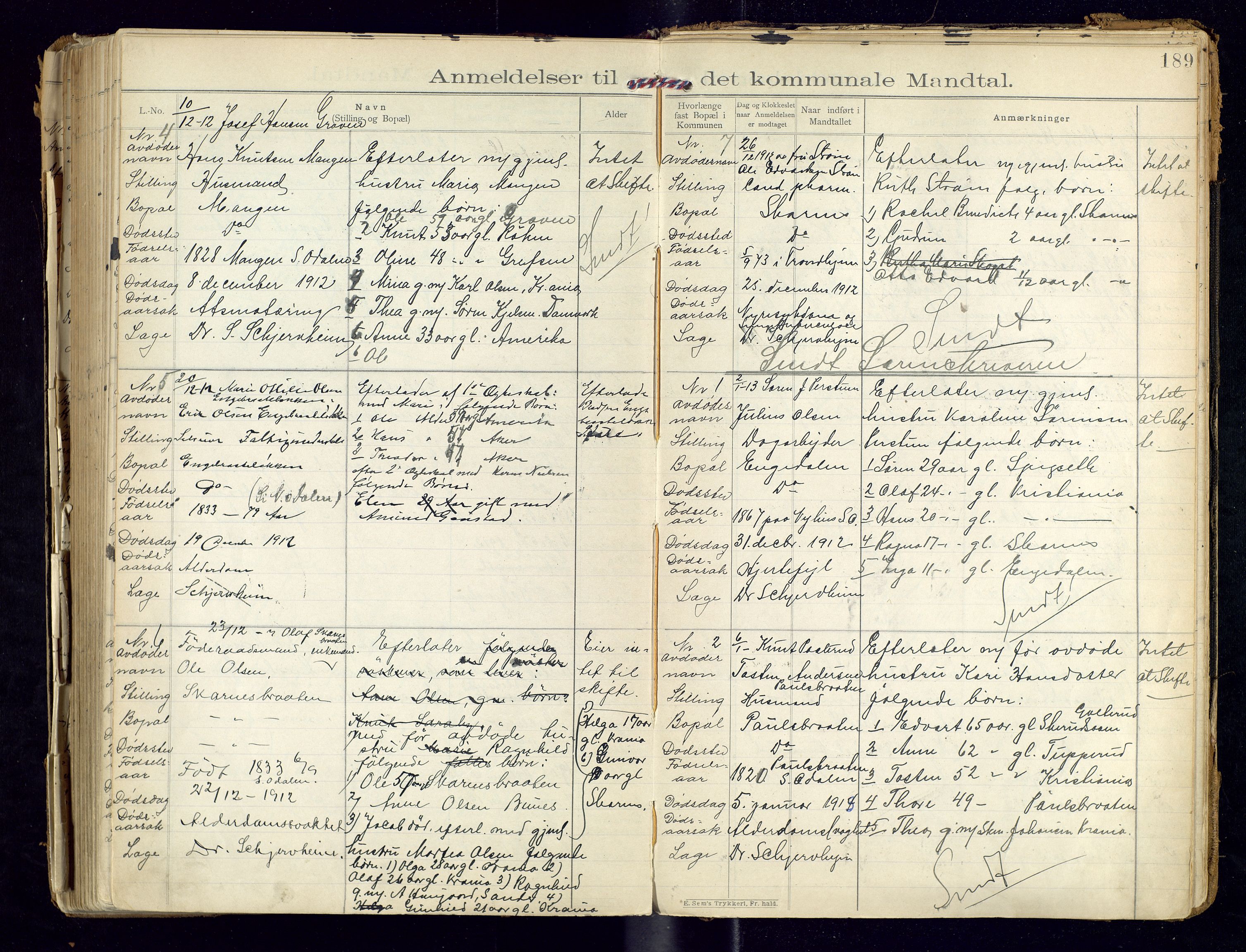 Sør-Odal lensmannskontor, SAH/LHS-022/H/Hb/L0001/0002: Protokoller over anmeldte dødsfall / Protokoll over anmeldte dødsfall, 1901-1913, s. 189