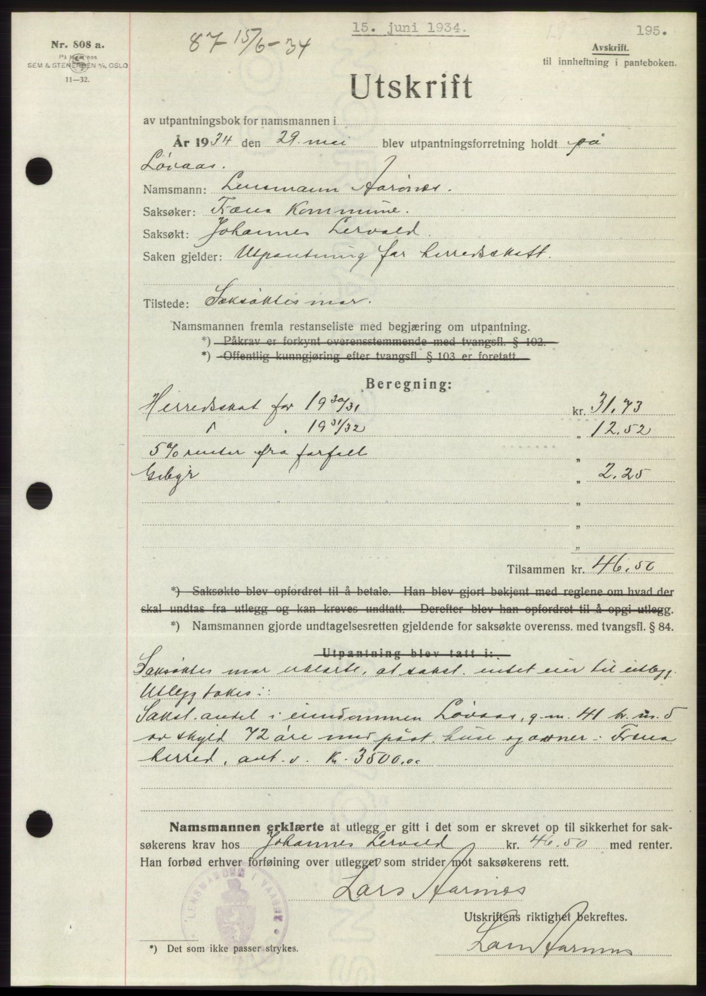 Romsdal sorenskriveri, AV/SAT-A-4149/1/2/2C/L0065: Pantebok nr. 59, 1934-1934, Tingl.dato: 15.06.1934