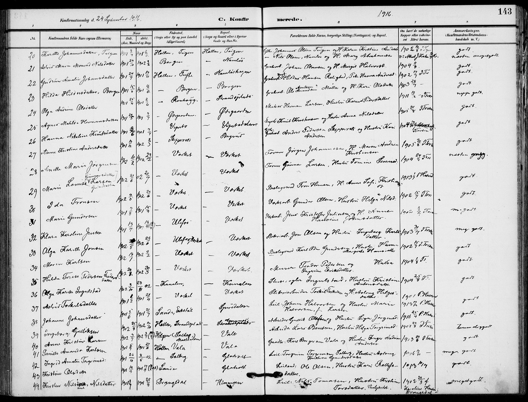 Holla kirkebøker, AV/SAKO-A-272/F/Fa/L0012: Ministerialbok nr. 12, 1907-1923, s. 143