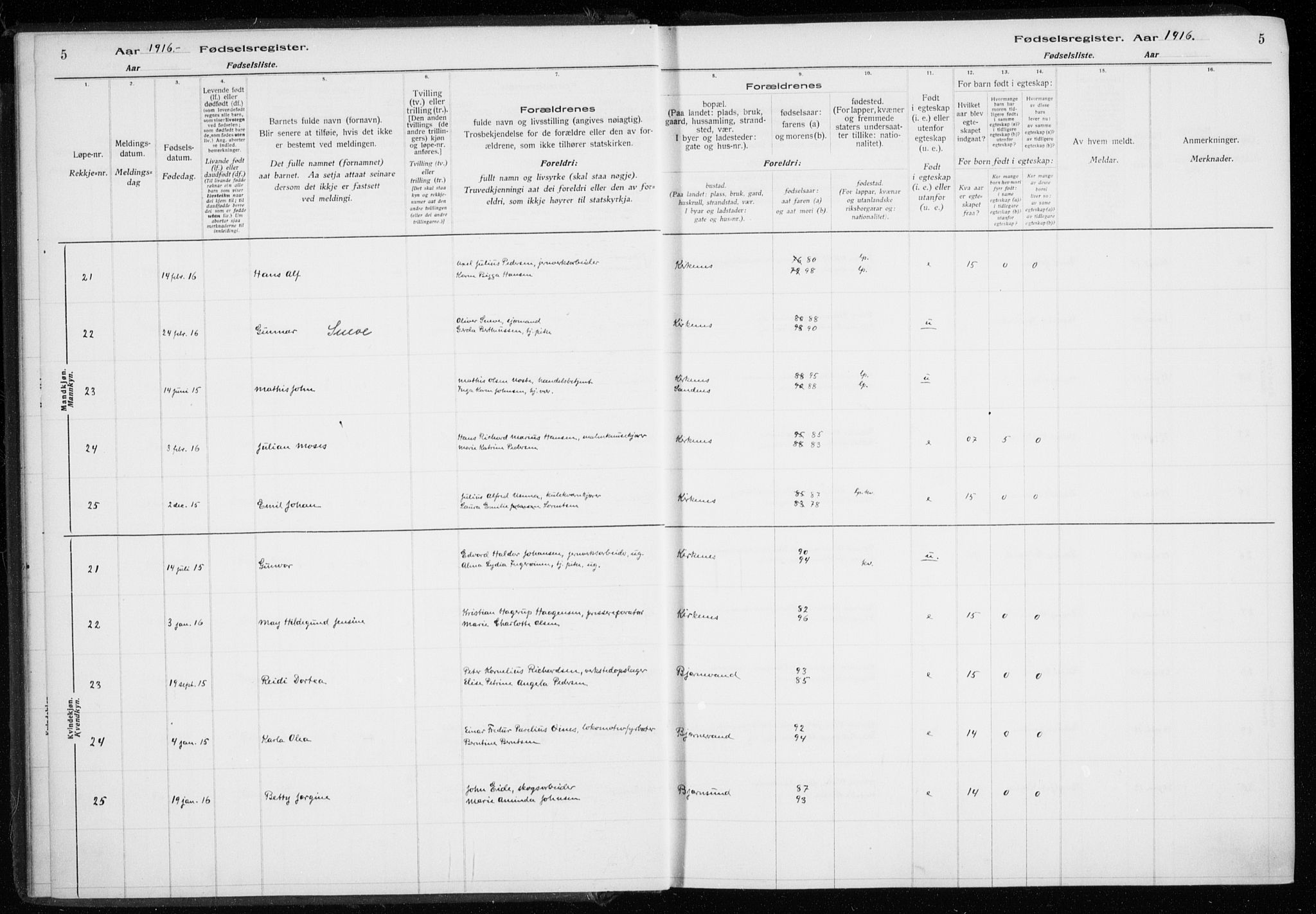 Sør-Varanger sokneprestkontor, AV/SATØ-S-1331/I/Ia/L0016: Fødselsregister nr. 16, 1915-1925, s. 5