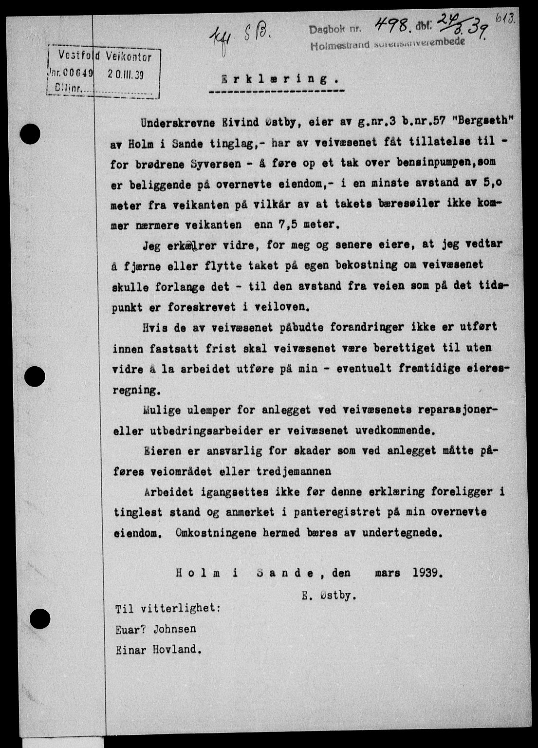Holmestrand sorenskriveri, SAKO/A-67/G/Ga/Gaa/L0050: Pantebok nr. A-50, 1938-1939, Dagboknr: 498/1939
