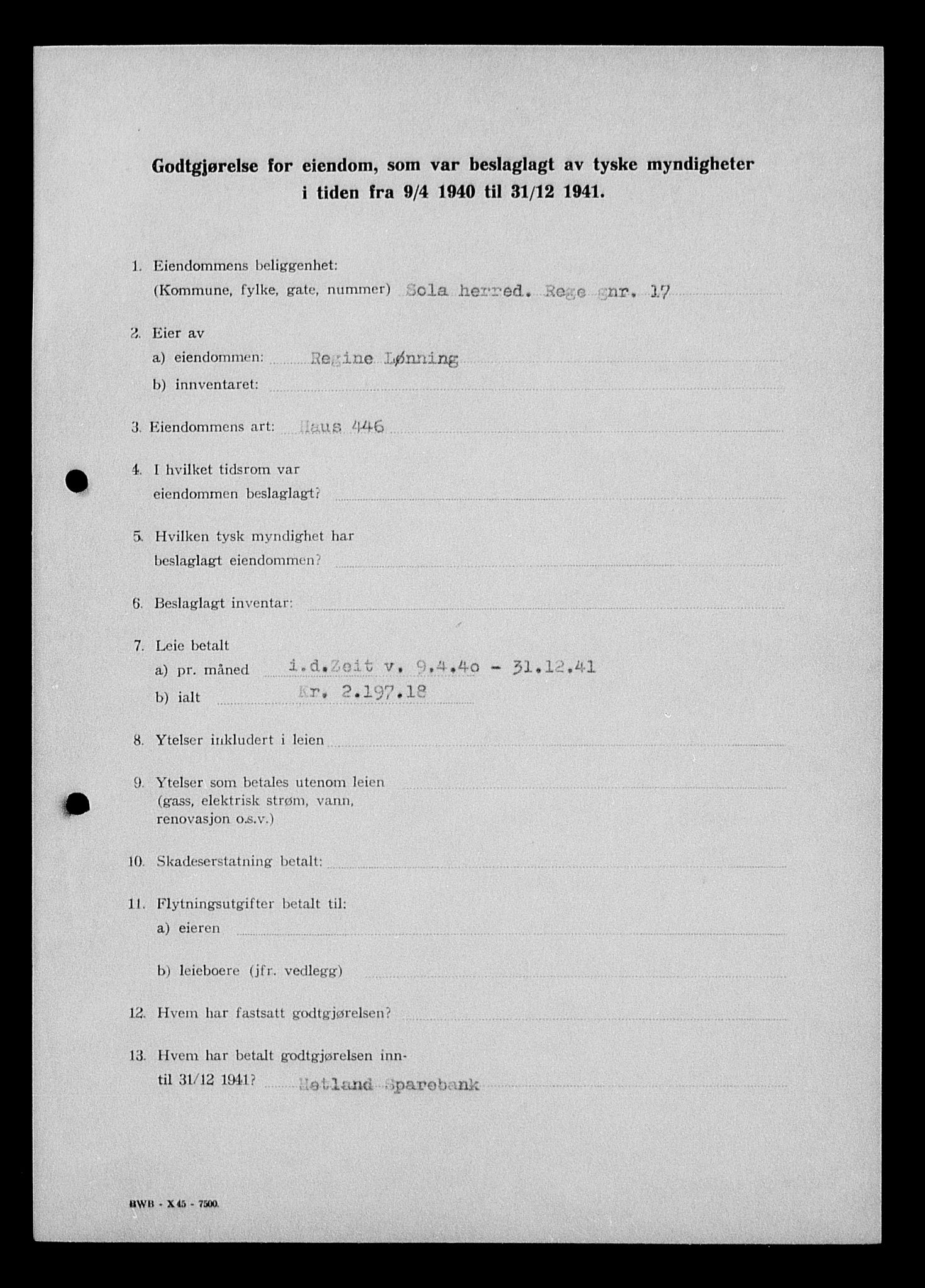 Justisdepartementet, Tilbakeføringskontoret for inndratte formuer, AV/RA-S-1564/I/L1014: Godtgjørelse for beslaglagt eiendom, 1940-1941, s. 510