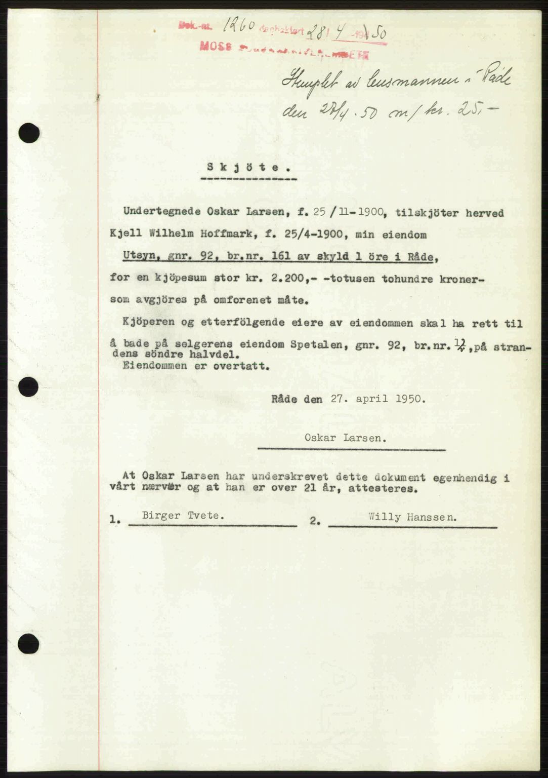 Moss sorenskriveri, SAO/A-10168: Pantebok nr. A26, 1950-1950, Dagboknr: 1260/1950