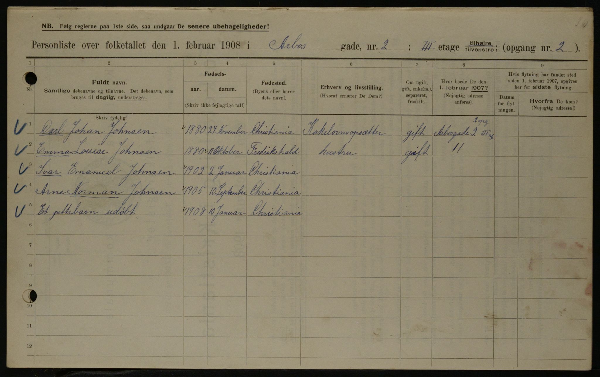 OBA, Kommunal folketelling 1.2.1908 for Kristiania kjøpstad, 1908, s. 2009