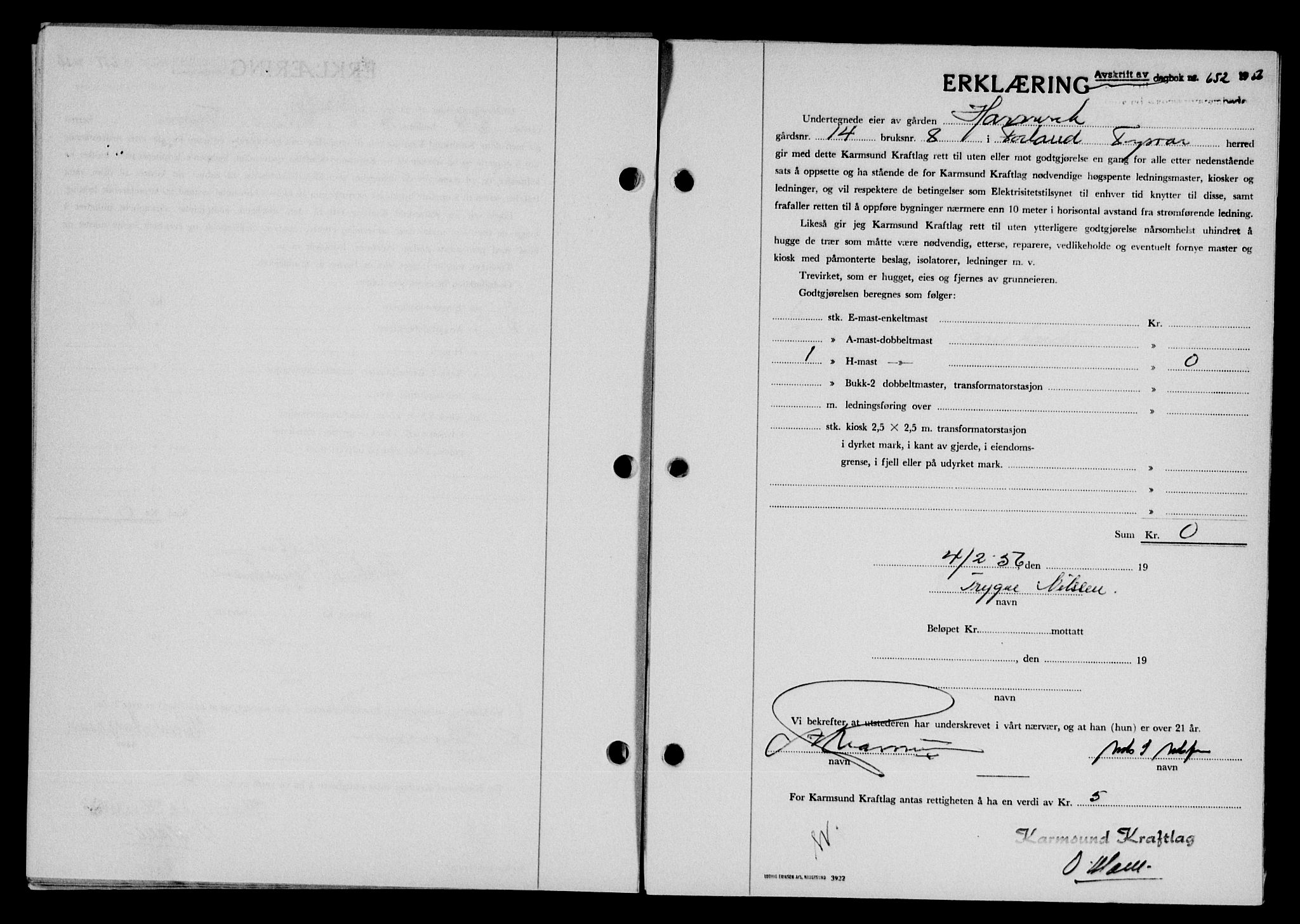 Karmsund sorenskriveri, SAST/A-100311/01/II/IIB/L0118: Pantebok nr. 98A, 1955-1956, Dagboknr: 652/1956