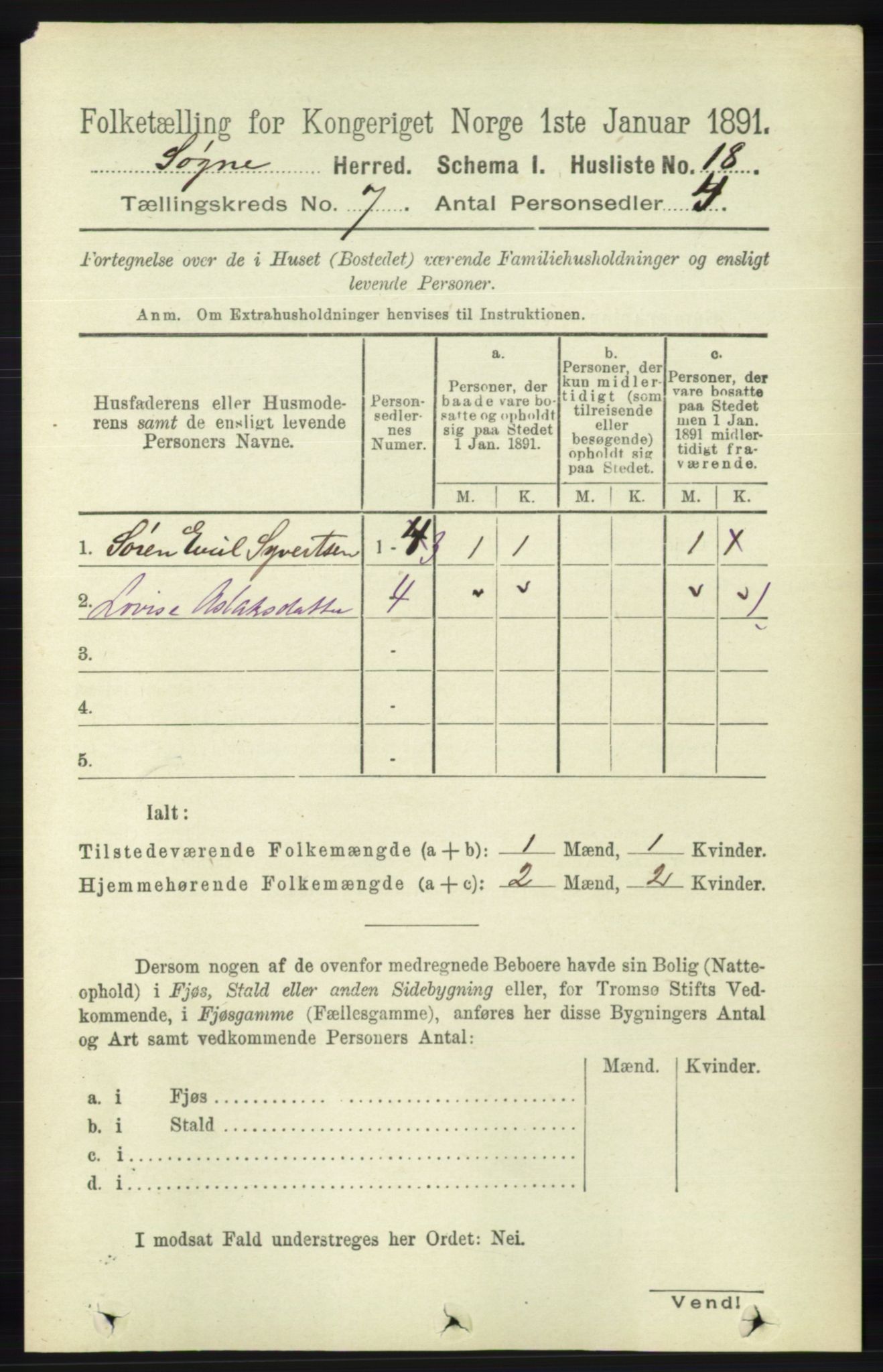 RA, Folketelling 1891 for 1018 Søgne herred, 1891, s. 1441