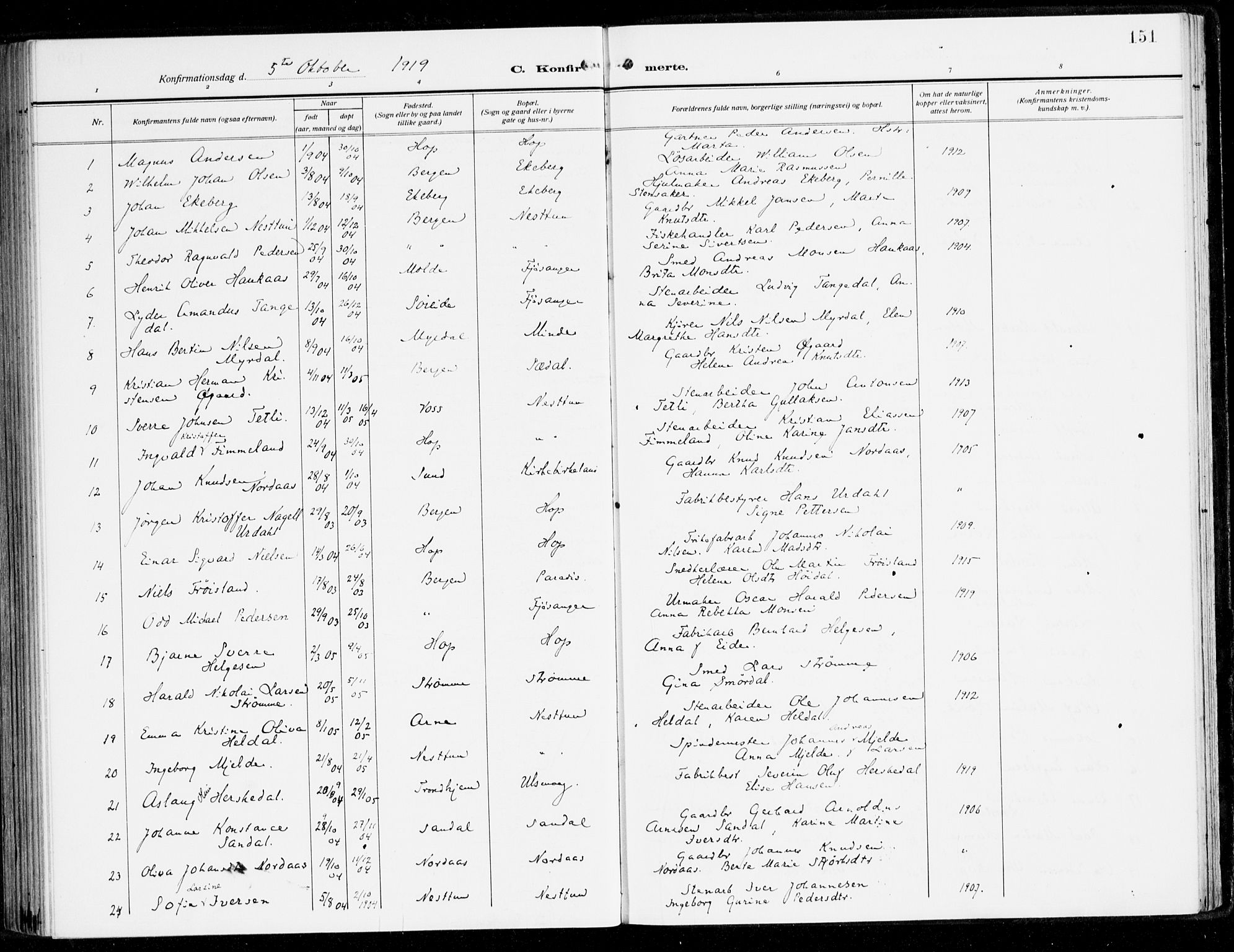 Fana Sokneprestembete, AV/SAB-A-75101/H/Haa/Haai/L0004: Ministerialbok nr. I 4, 1912-1933, s. 151