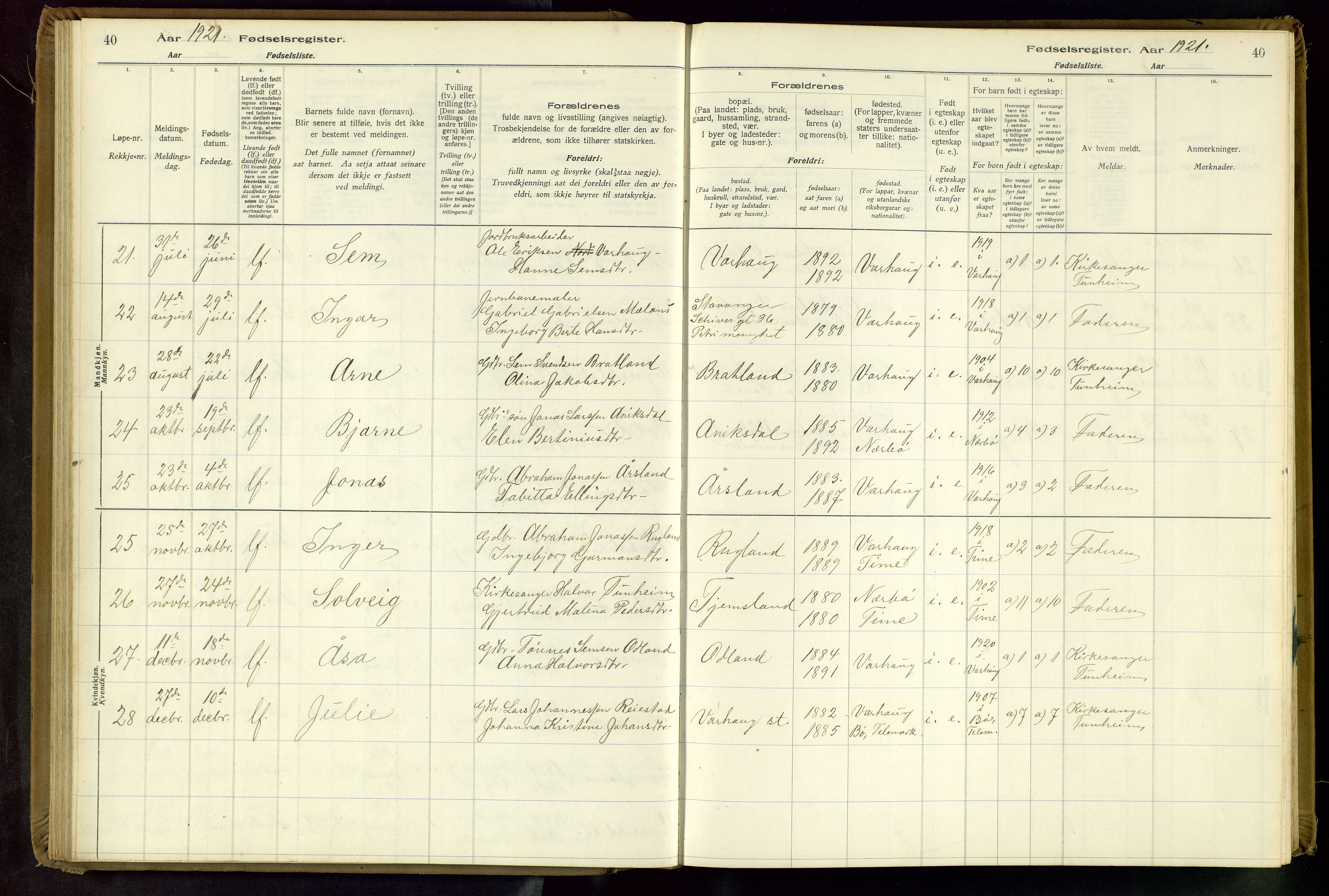 Hå sokneprestkontor, AV/SAST-A-101801/001/704BA/L0001: Fødselsregister nr. 1, 1916-1944, s. 40