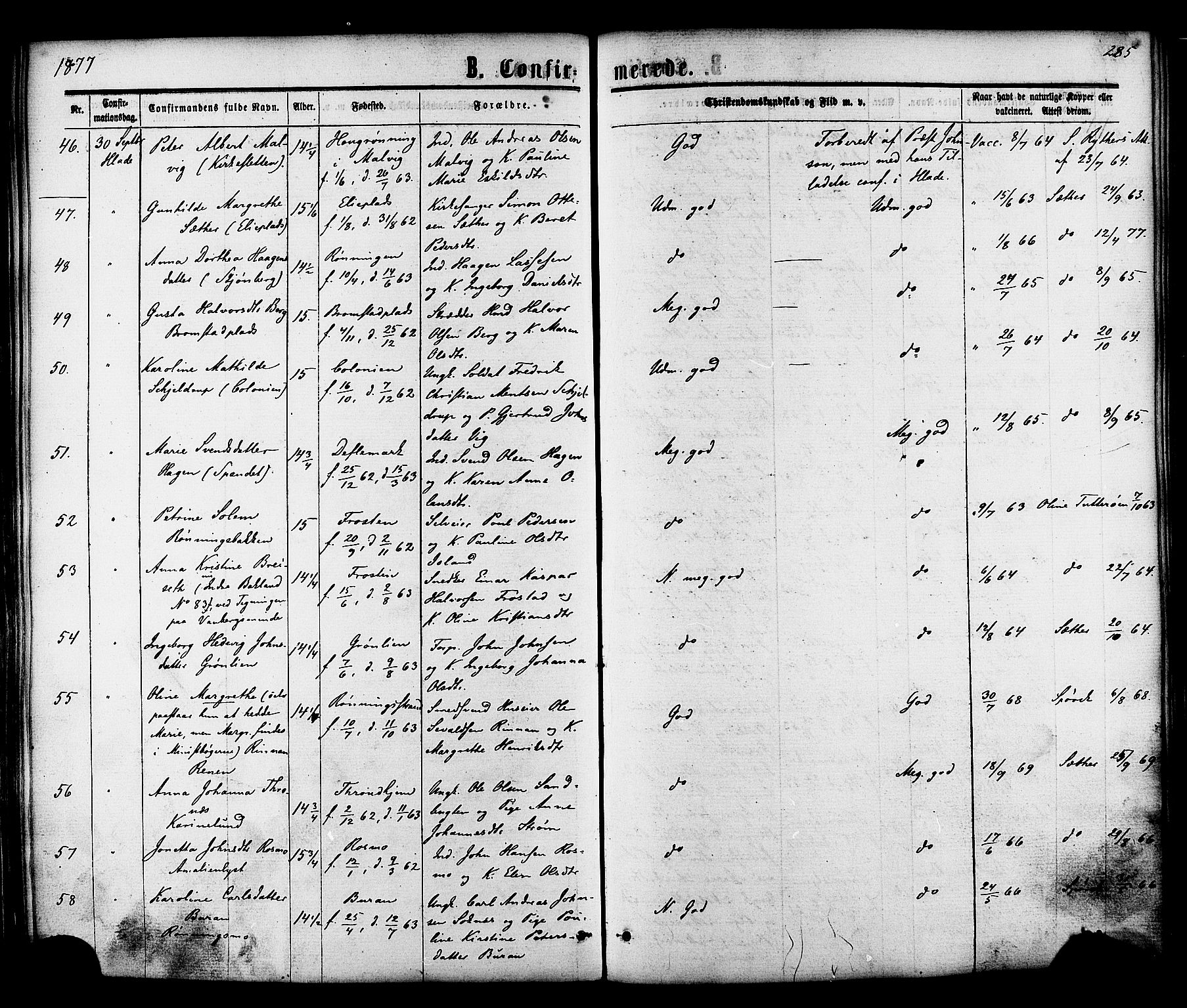 Ministerialprotokoller, klokkerbøker og fødselsregistre - Sør-Trøndelag, SAT/A-1456/606/L0293: Ministerialbok nr. 606A08, 1866-1877, s. 285