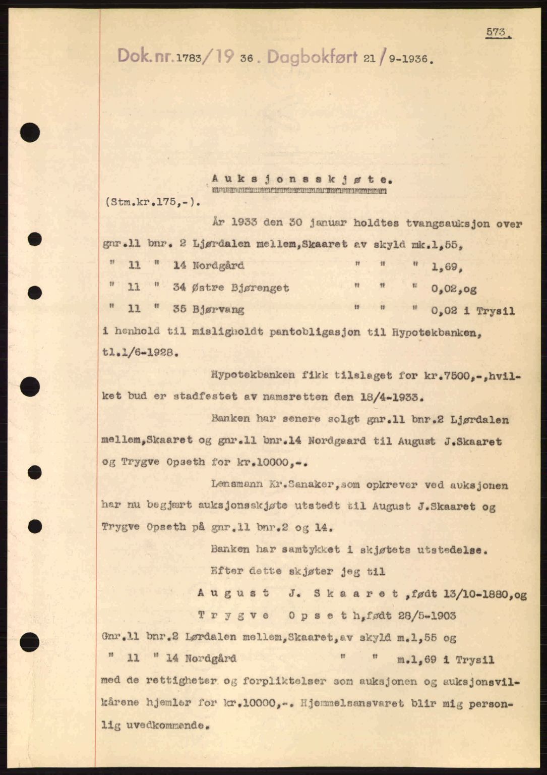 Sør-Østerdal sorenskriveri, SAH/TING-018/H/Hb/Hbb/L0054: Pantebok nr. A54, 1936-1936, Dagboknr: 1783/1936