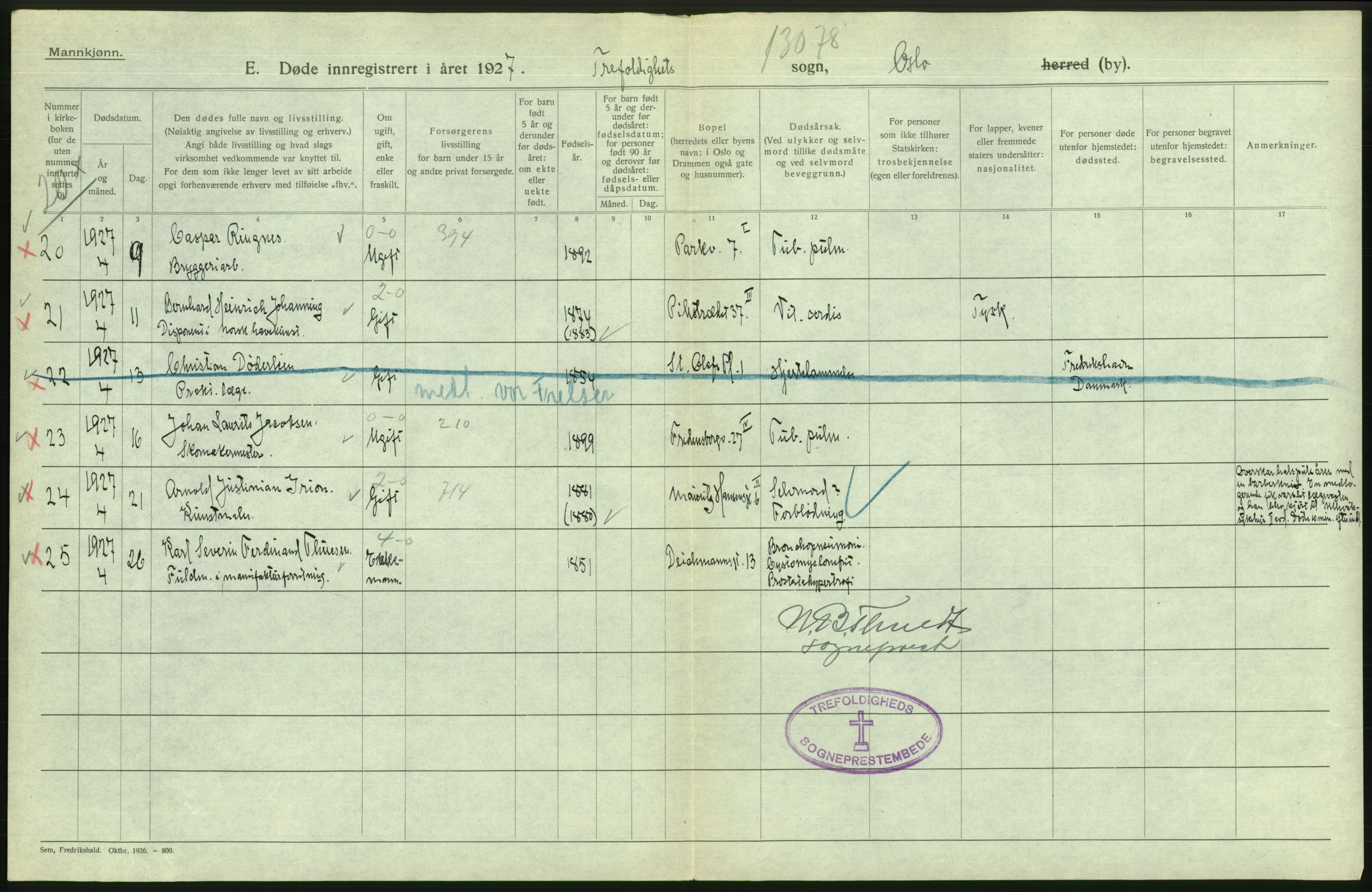 Statistisk sentralbyrå, Sosiodemografiske emner, Befolkning, RA/S-2228/D/Df/Dfc/Dfcg/L0009: Oslo: Døde menn, 1927, s. 70