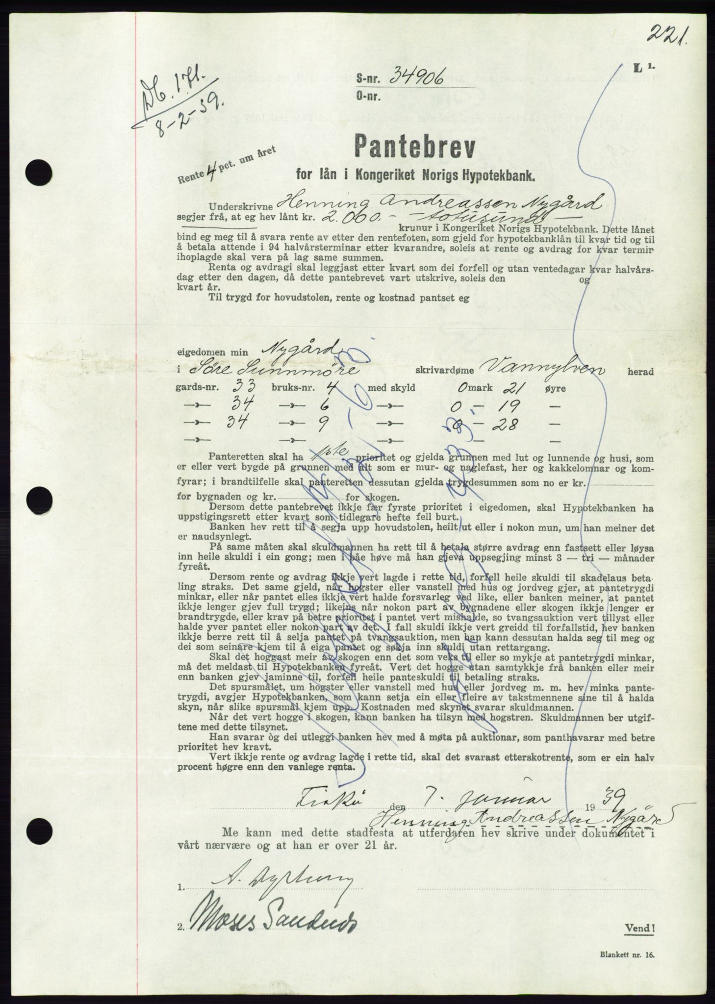 Søre Sunnmøre sorenskriveri, AV/SAT-A-4122/1/2/2C/L0067: Pantebok nr. 61, 1938-1939, Dagboknr: 171/1939