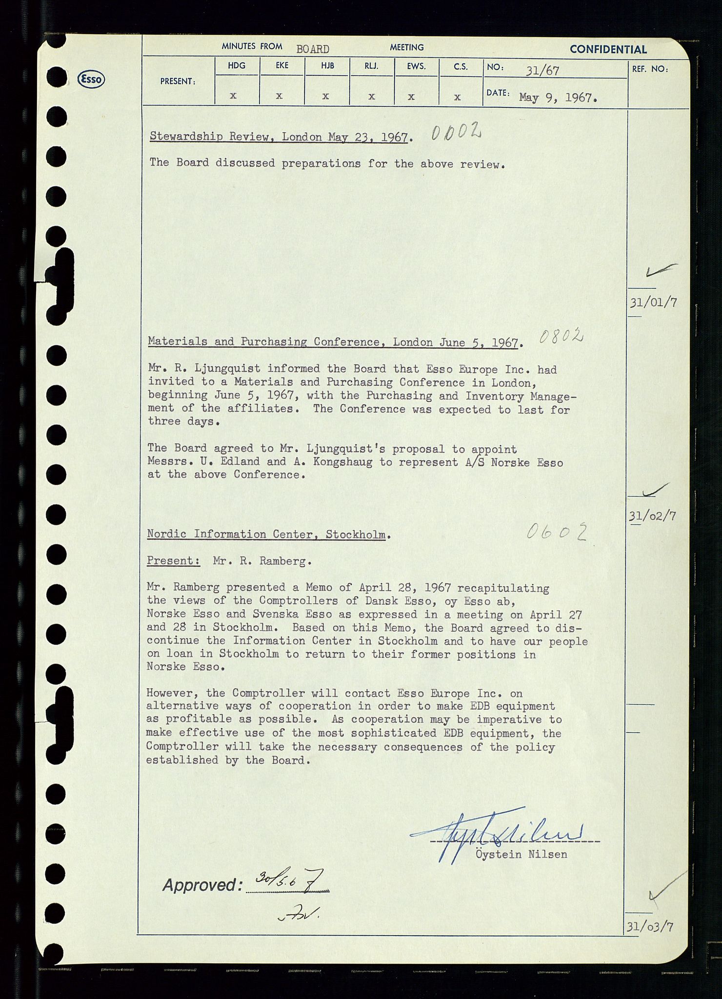 Pa 0982 - Esso Norge A/S, AV/SAST-A-100448/A/Aa/L0002/0003: Den administrerende direksjon Board minutes (styrereferater) / Den administrerende direksjon Board minutes (styrereferater), 1967, s. 63