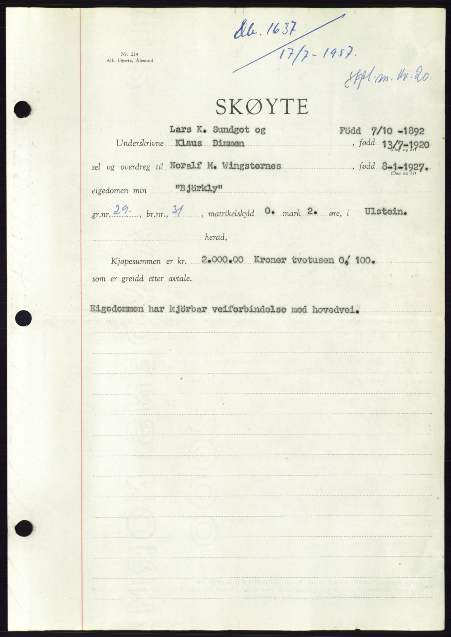 Søre Sunnmøre sorenskriveri, SAT/A-4122/1/2/2C/L0107: Pantebok nr. 33A, 1957-1957, Dagboknr: 1637/1957