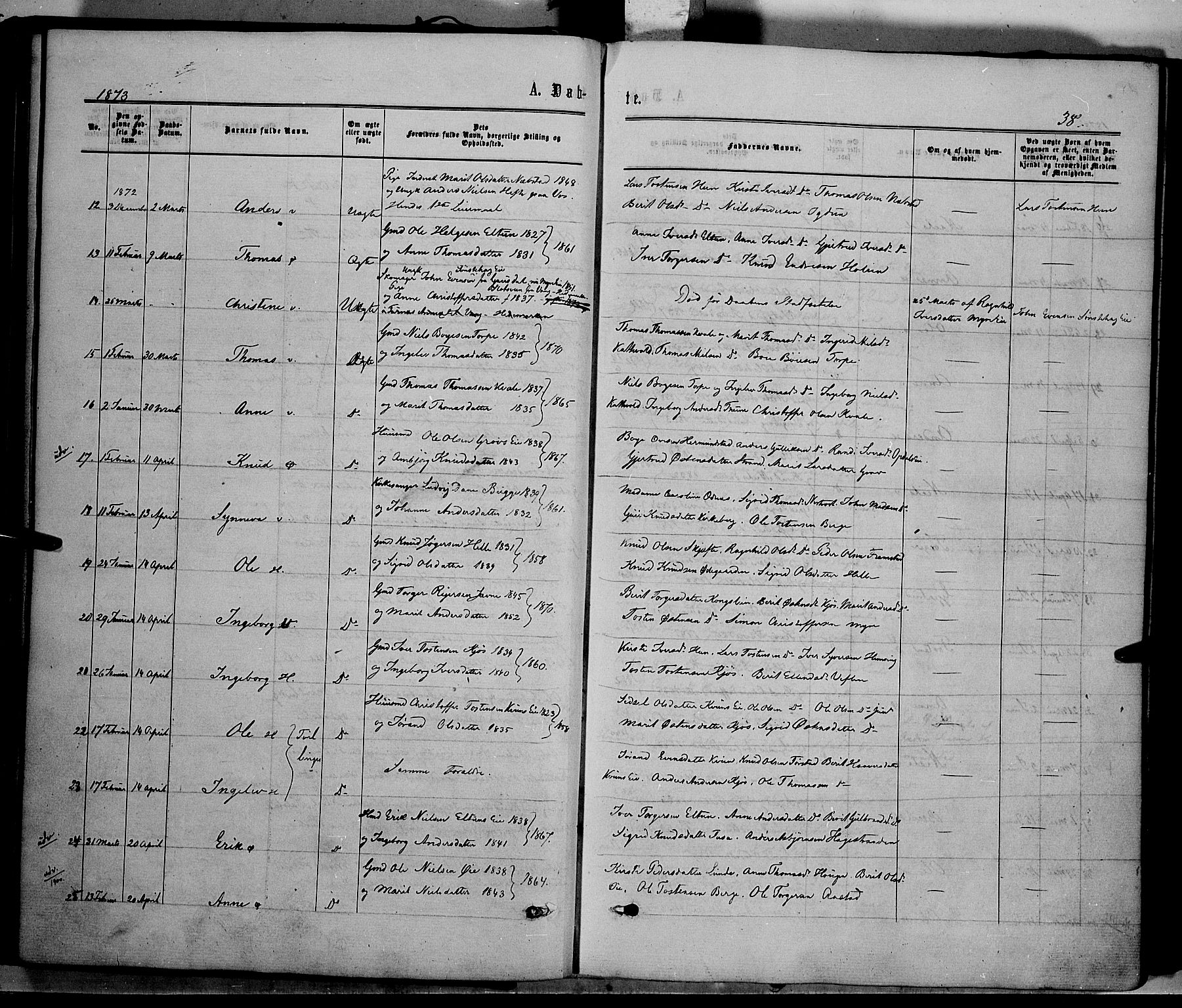 Vang prestekontor, Valdres, AV/SAH-PREST-140/H/Ha/L0007: Ministerialbok nr. 7, 1865-1881, s. 38