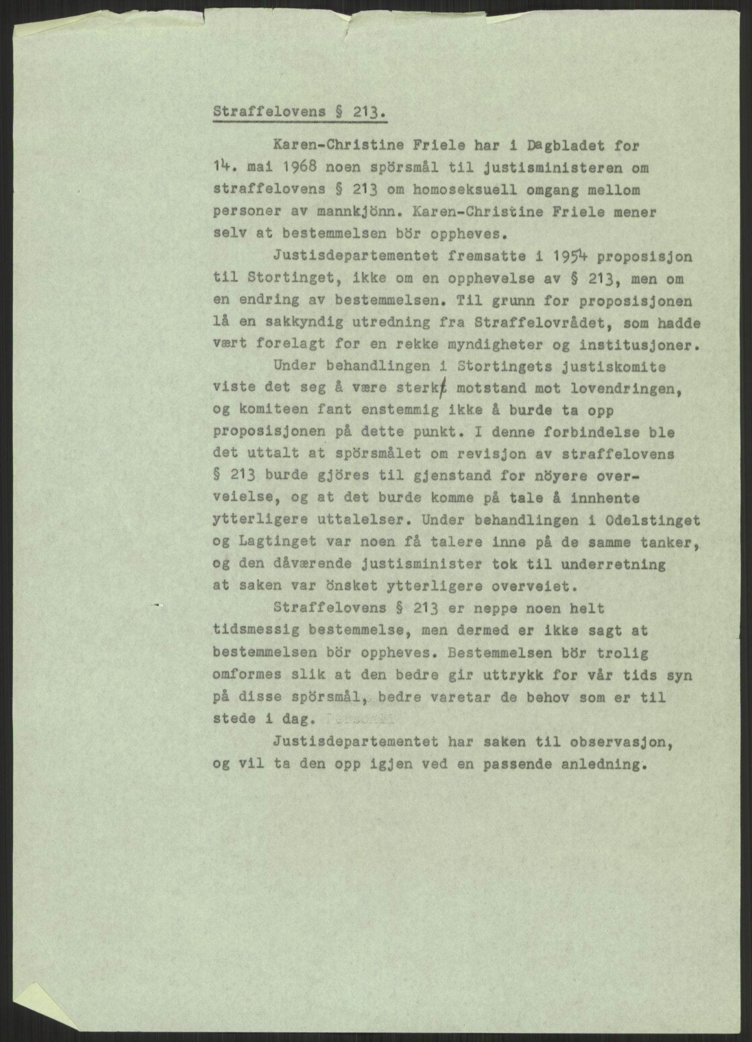 Justisdepartementet, Lovavdelingen, AV/RA-S-3212/D/De/L0029/0001: Straffeloven / Straffelovens revisjon: 5 - Ot. prp. nr.  41 - 1945: Homoseksualiet. 3 mapper, 1956-1970, s. 67