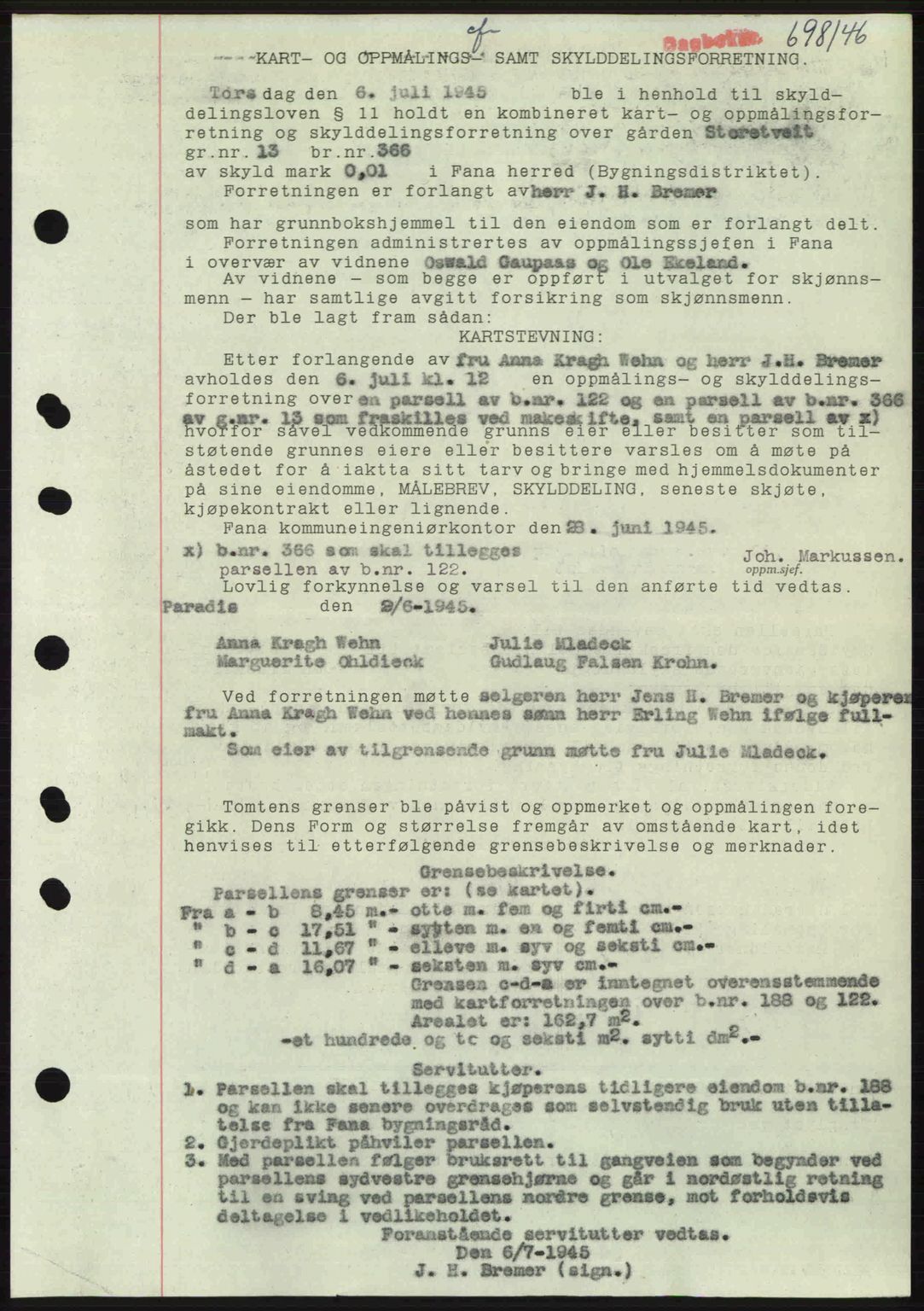 Midhordland sorenskriveri, SAB/A-3001/1/G/Gb/Gbj/L0022: Pantebok nr. A41-43, 1946-1946, Dagboknr: 698/1946