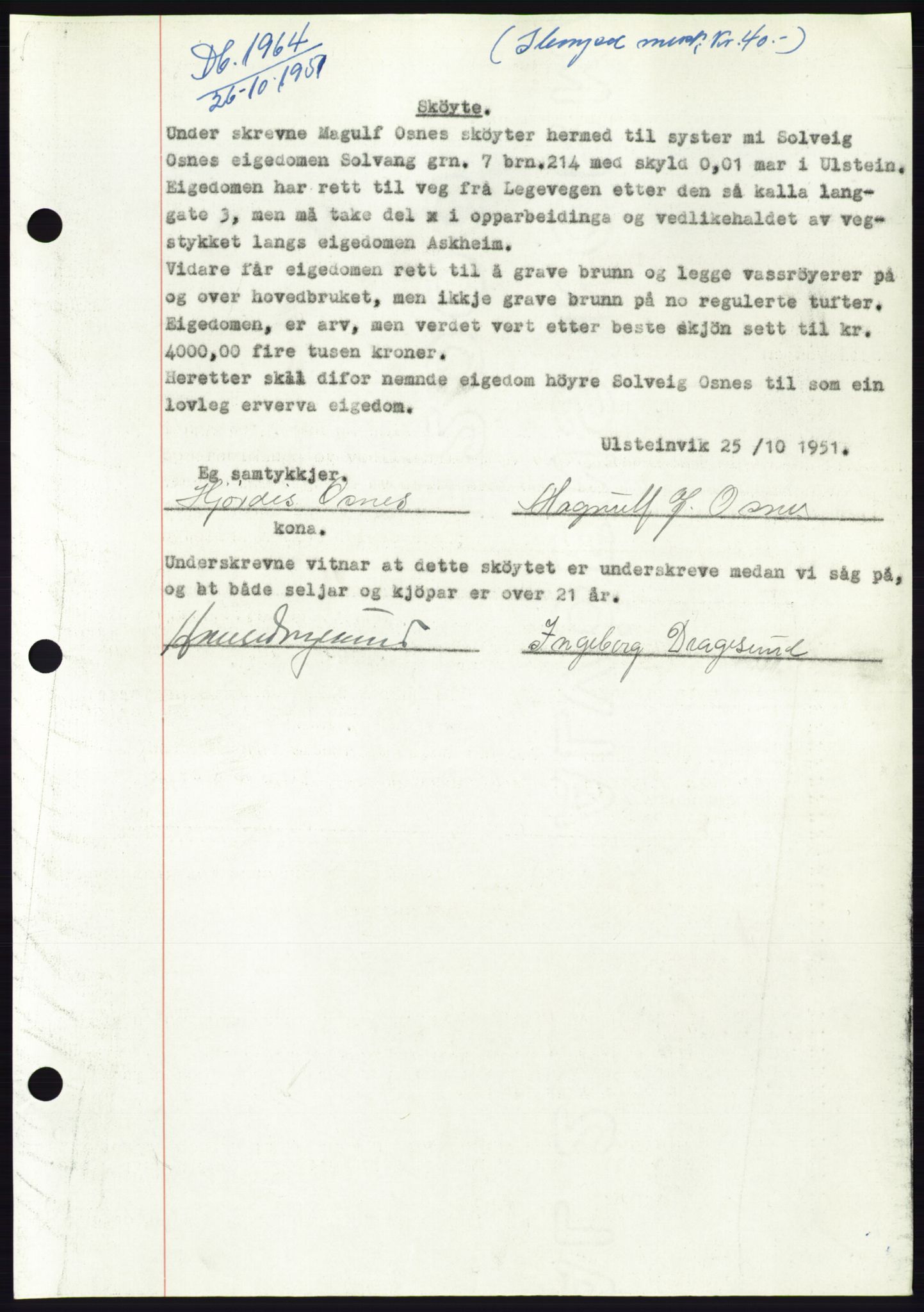 Søre Sunnmøre sorenskriveri, AV/SAT-A-4122/1/2/2C/L0090: Pantebok nr. 16A, 1951-1951, Dagboknr: 1964/1951