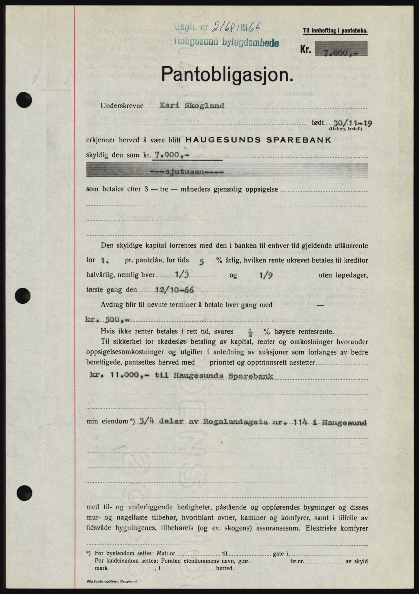 Haugesund tingrett, SAST/A-101415/01/II/IIC/L0055: Pantebok nr. B 55, 1966-1966, Dagboknr: 2168/1966