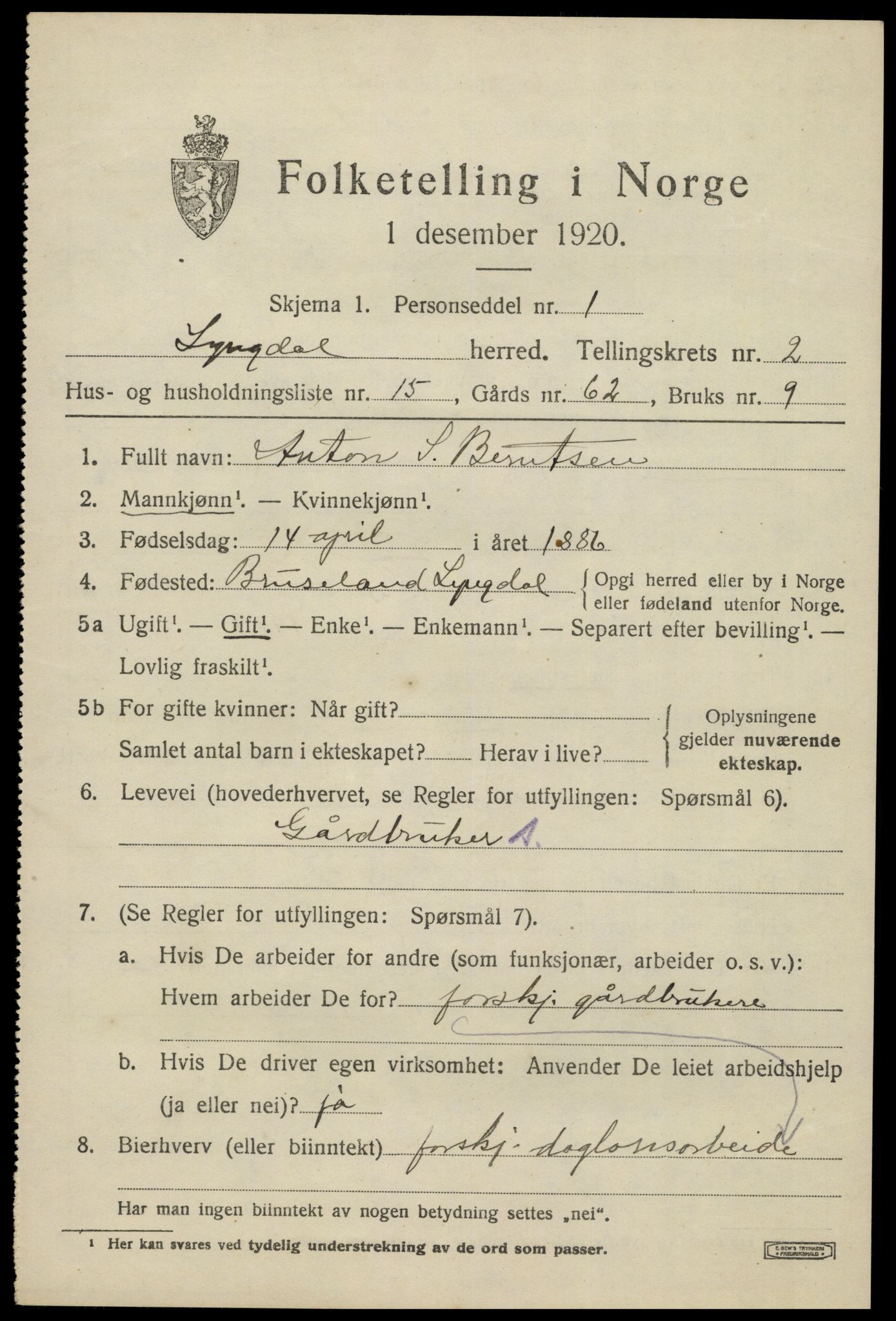 SAK, Folketelling 1920 for 1032 Lyngdal herred, 1920, s. 1707