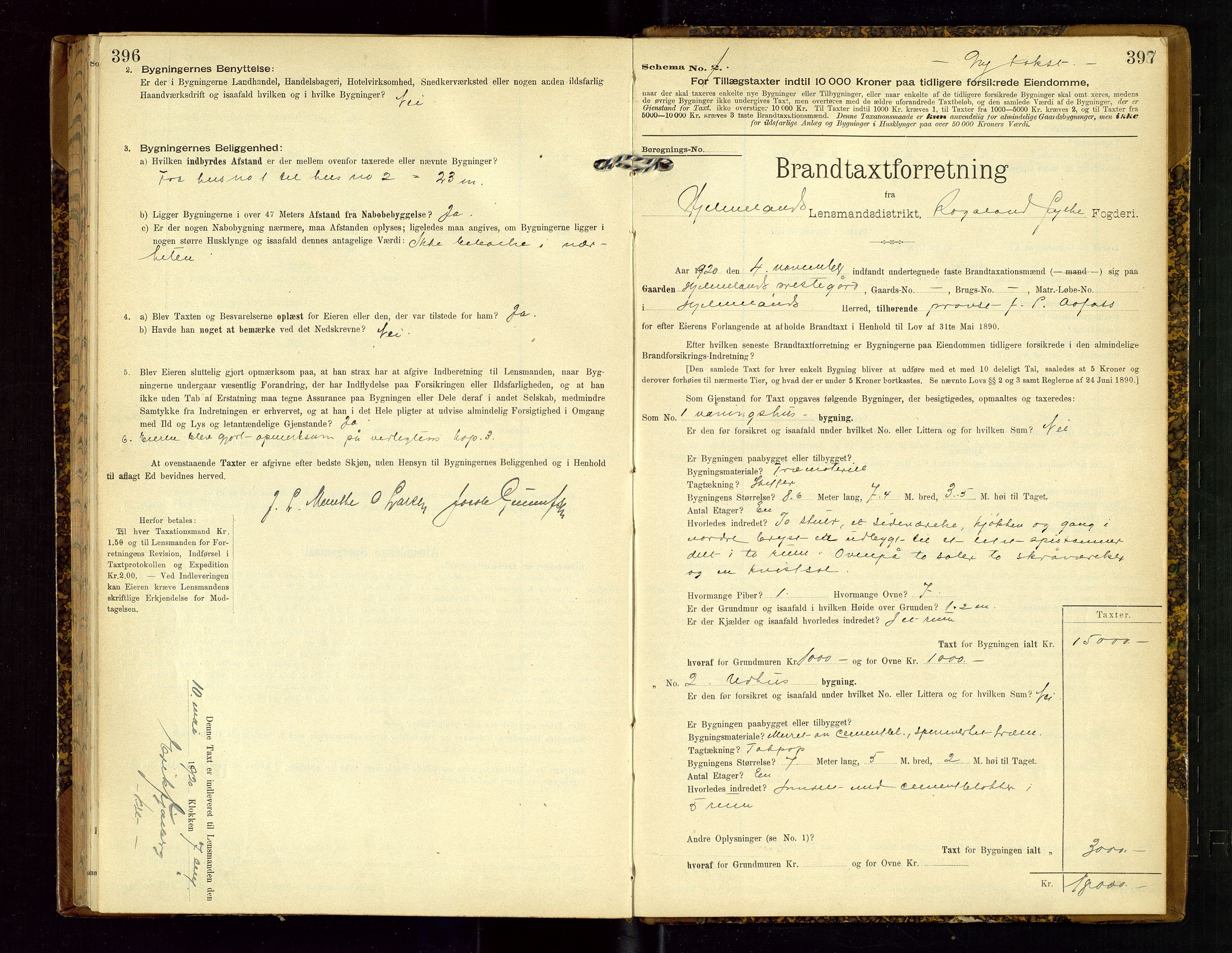 Hjelmeland lensmannskontor, SAST/A-100439/Gob/L0002: "Brandtaxationsprotokol", 1904-1920, s. 396-397