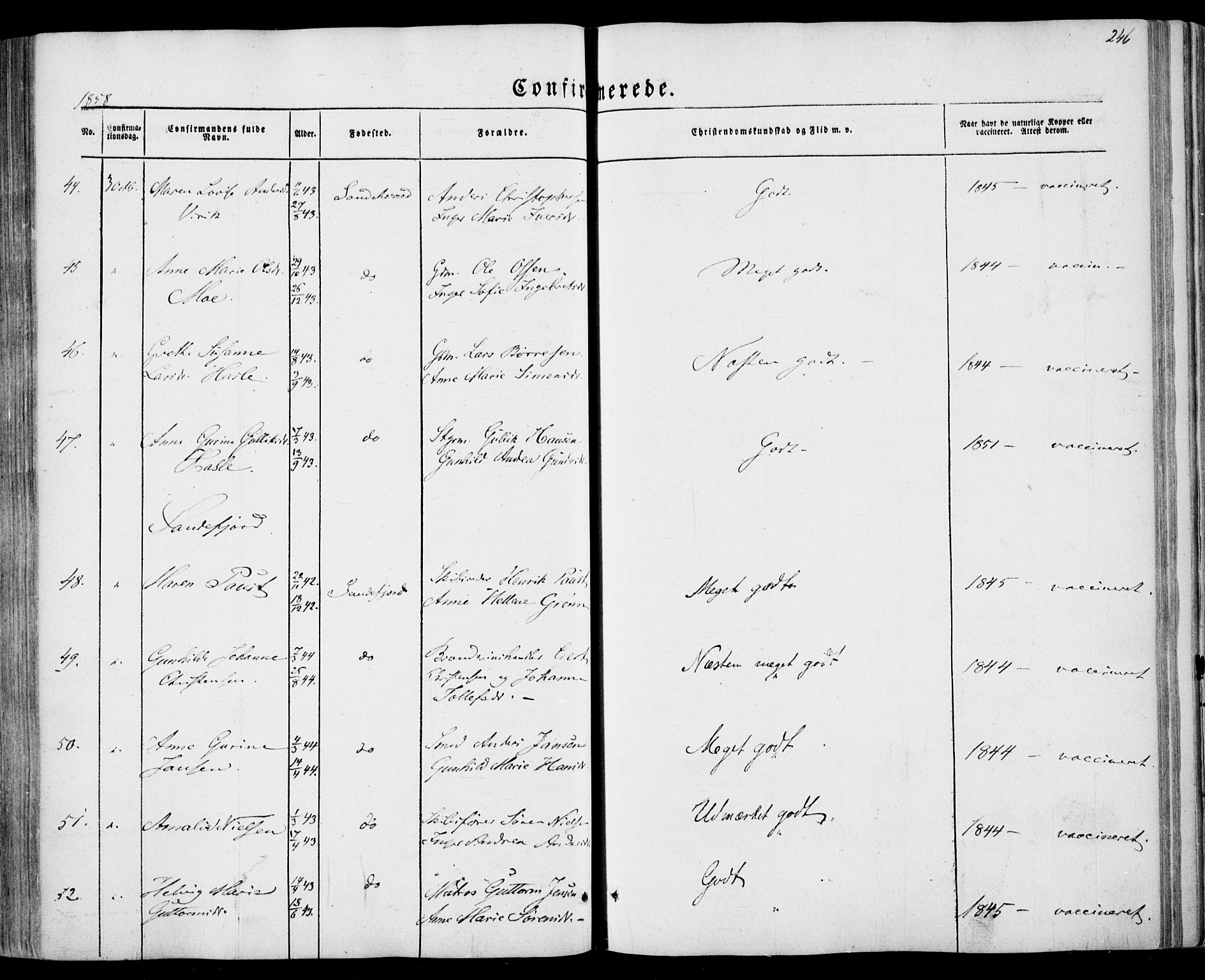 Sandar kirkebøker, AV/SAKO-A-243/F/Fa/L0007: Ministerialbok nr. 7, 1855-1861, s. 246