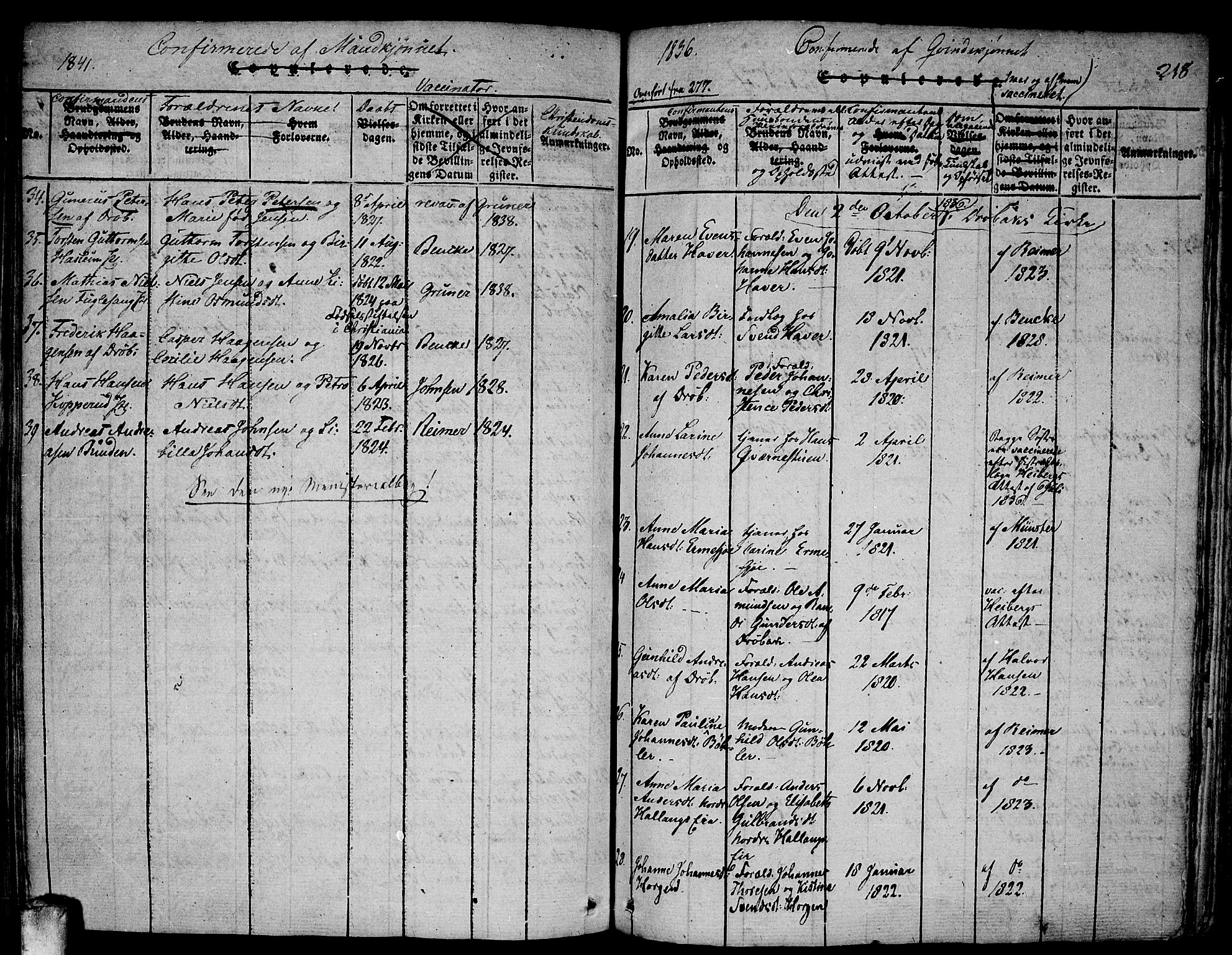 Drøbak prestekontor Kirkebøker, SAO/A-10142a/F/Fa/L0001: Ministerialbok nr. I 1, 1816-1842, s. 218