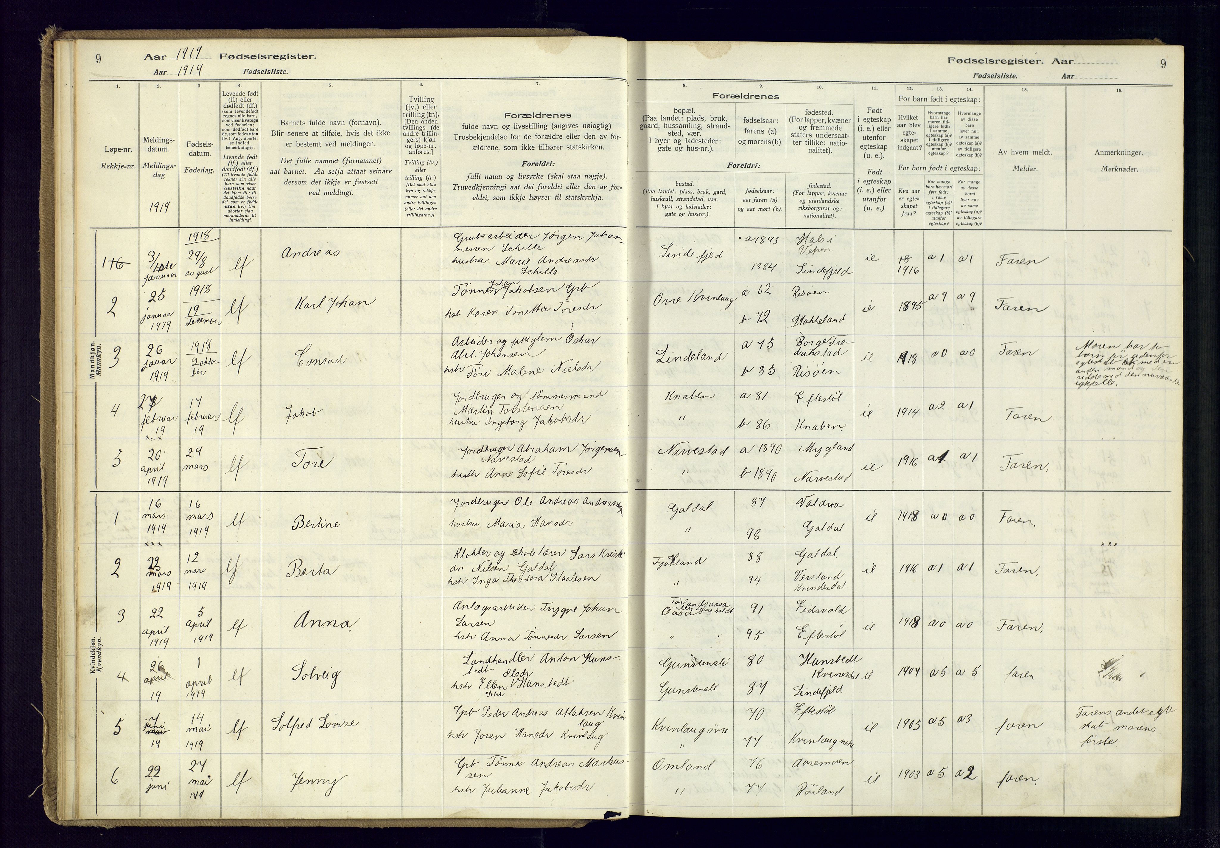 Fjotland sokneprestkontor, AV/SAK-1111-0010/J/Ja/L0001: Fødselsregister nr. 1, 1916-1981, s. 9