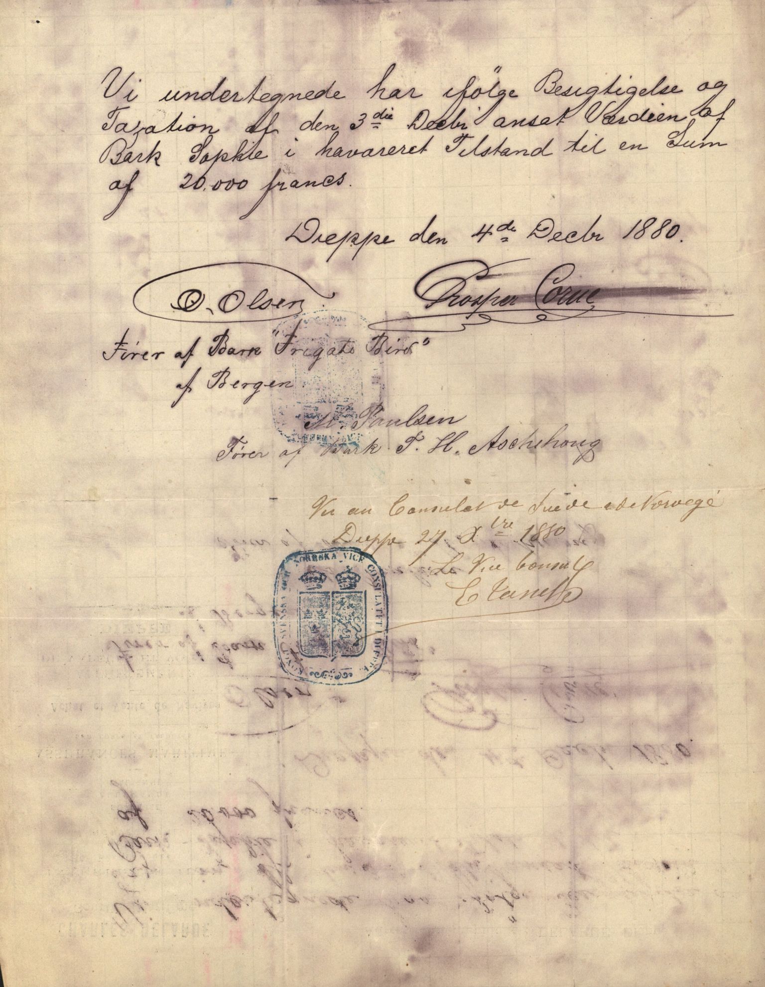 Pa 63 - Østlandske skibsassuranceforening, VEMU/A-1079/G/Ga/L0012/0002: Havaridokumenter / Sophie, 1880