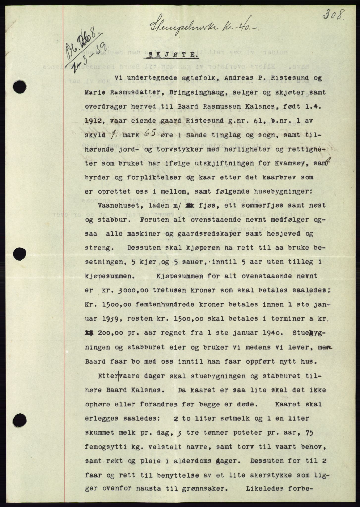 Søre Sunnmøre sorenskriveri, AV/SAT-A-4122/1/2/2C/L0067: Pantebok nr. 61, 1938-1939, Dagboknr: 268/1939