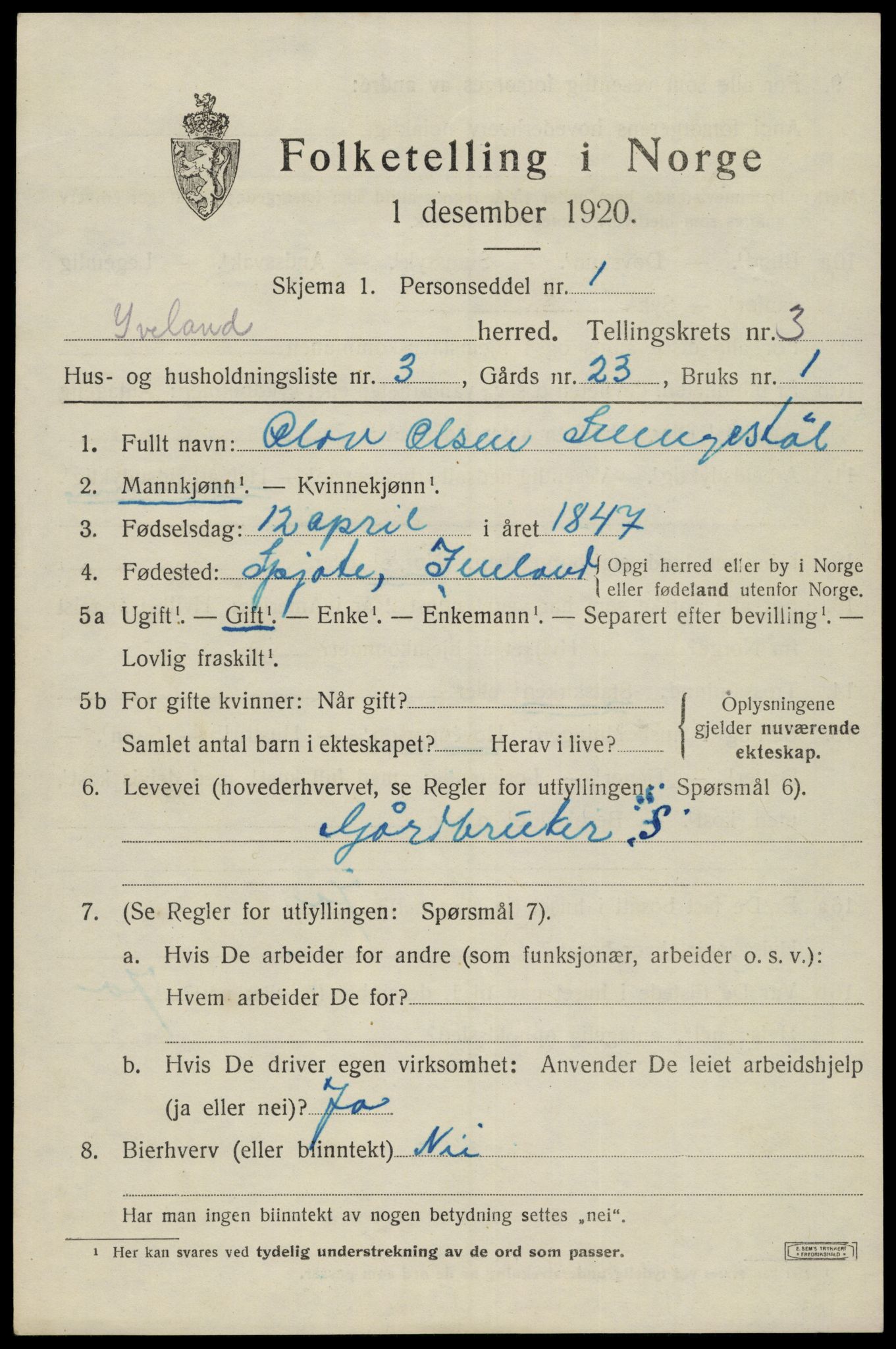 SAK, Folketelling 1920 for 0935 Iveland herred, 1920, s. 961