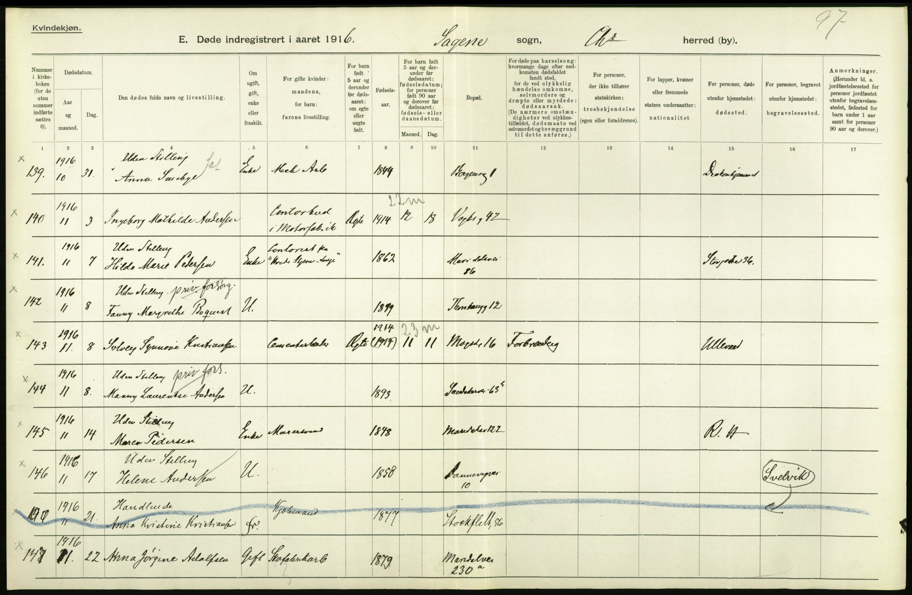 Statistisk sentralbyrå, Sosiodemografiske emner, Befolkning, AV/RA-S-2228/D/Df/Dfb/Dfbf/L0010: Kristiania: Døde, dødfødte., 1916, s. 216