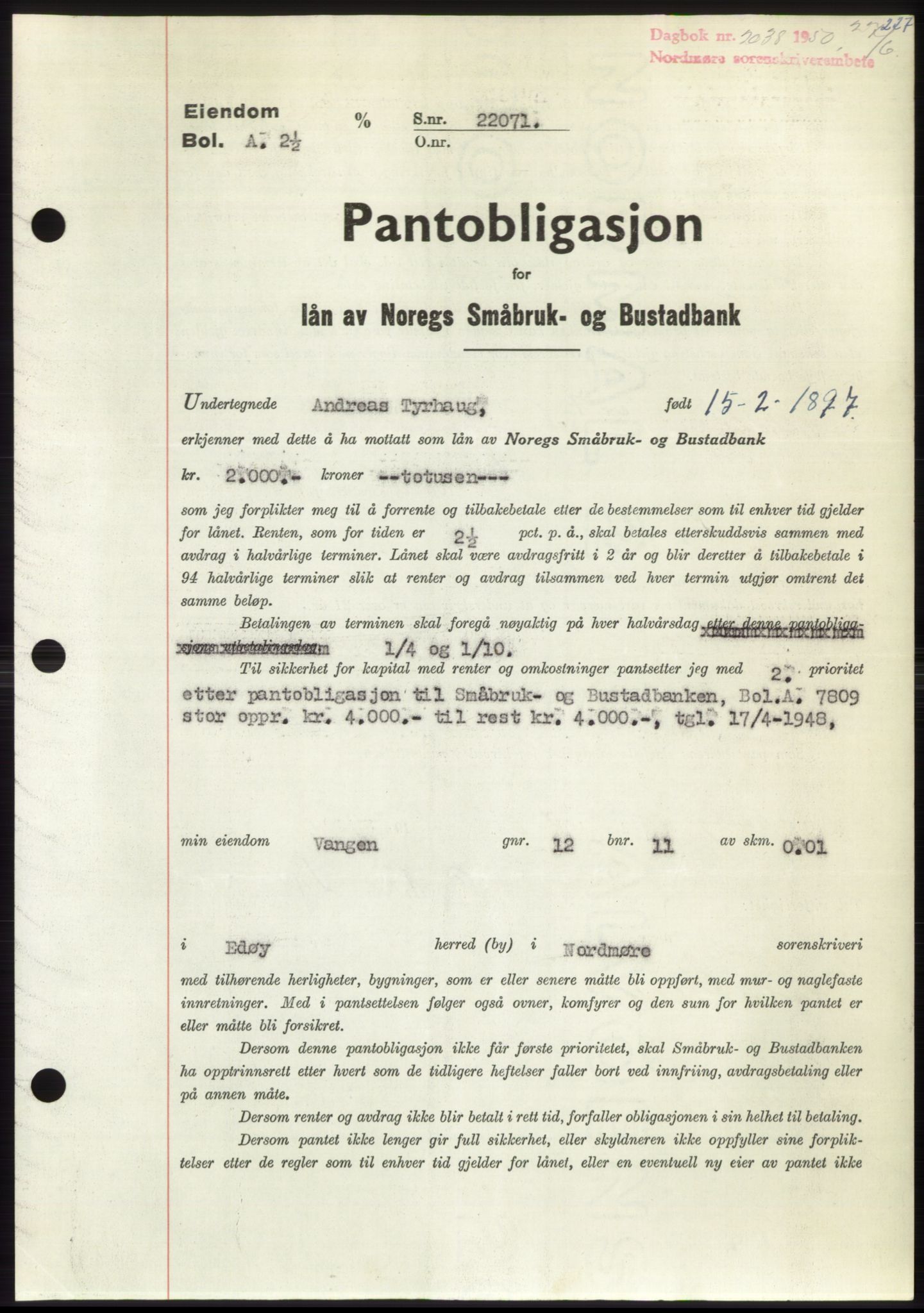 Nordmøre sorenskriveri, AV/SAT-A-4132/1/2/2Ca: Pantebok nr. B105, 1950-1950, Dagboknr: 2038/1950