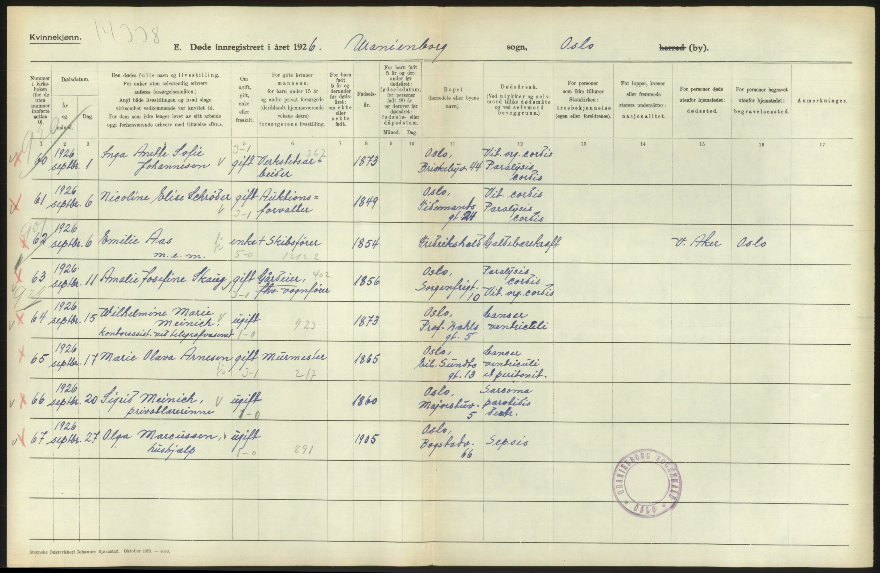 Statistisk sentralbyrå, Sosiodemografiske emner, Befolkning, AV/RA-S-2228/D/Df/Dfc/Dfcf/L0010: Oslo: Døde kvinner, dødfødte, 1926, s. 152