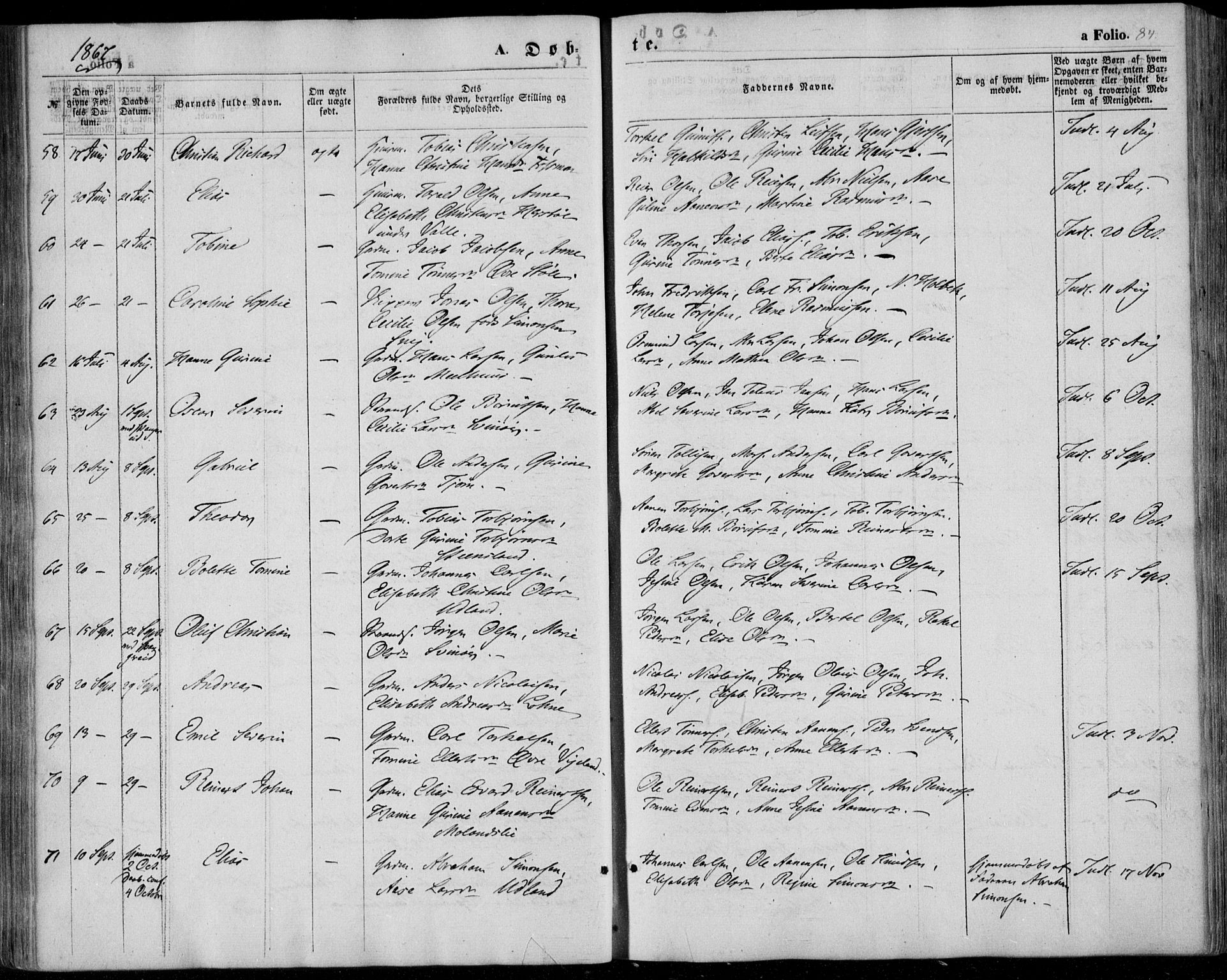 Sør-Audnedal sokneprestkontor, AV/SAK-1111-0039/F/Fa/Fab/L0007: Ministerialbok nr. A 7, 1855-1876, s. 84