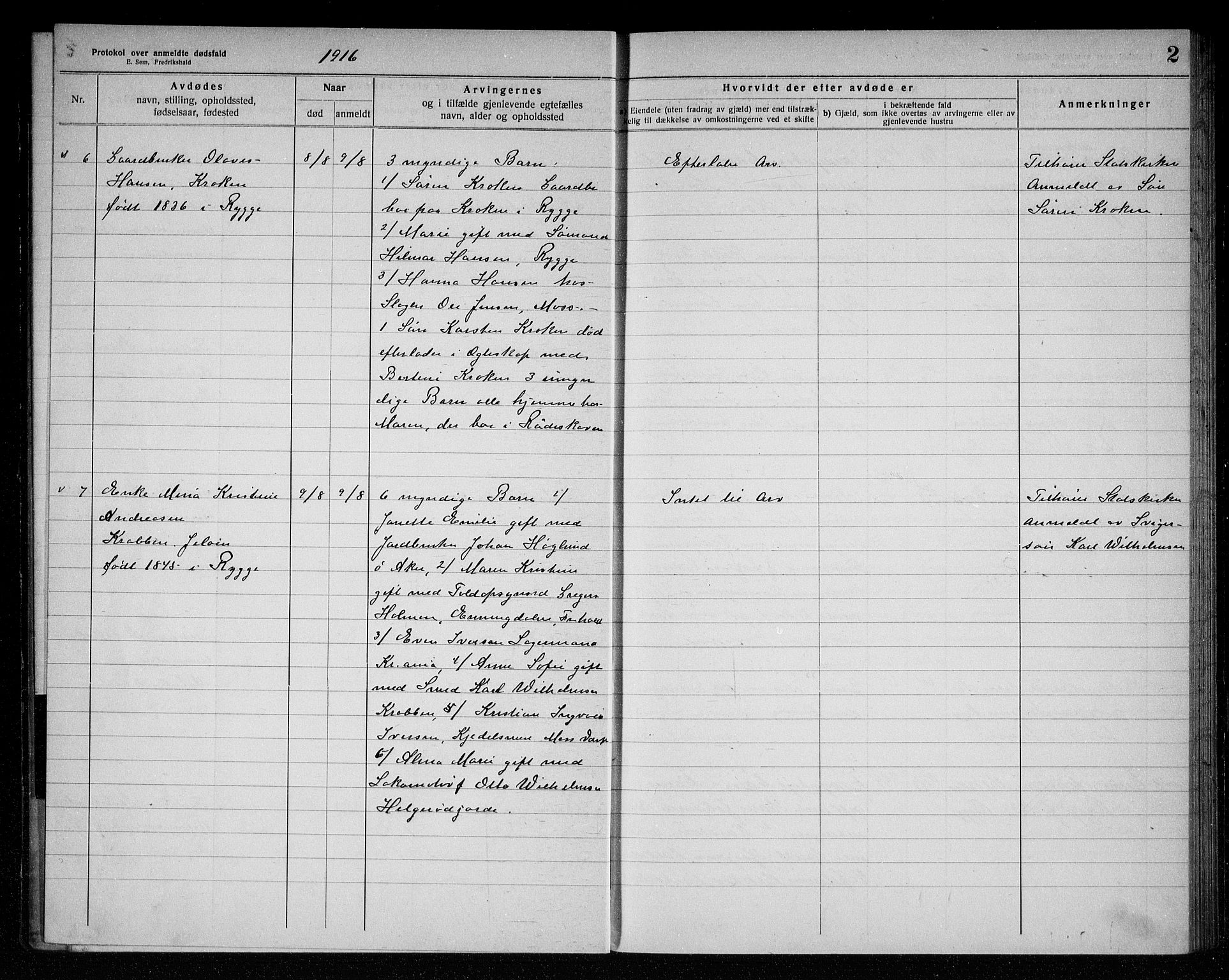 Rygge lensmannskontor, AV/SAO-A-10005/H/Ha/Haa/L0006: Dødsfallsprotokoll, 1916-1920, s. 2