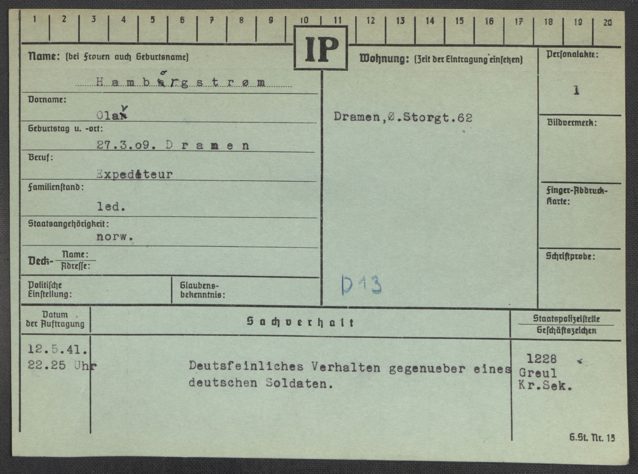 Befehlshaber der Sicherheitspolizei und des SD, AV/RA-RAFA-5969/E/Ea/Eaa/L0004: Register over norske fanger i Møllergata 19: Hal-Hæ, 1940-1945, s. 88