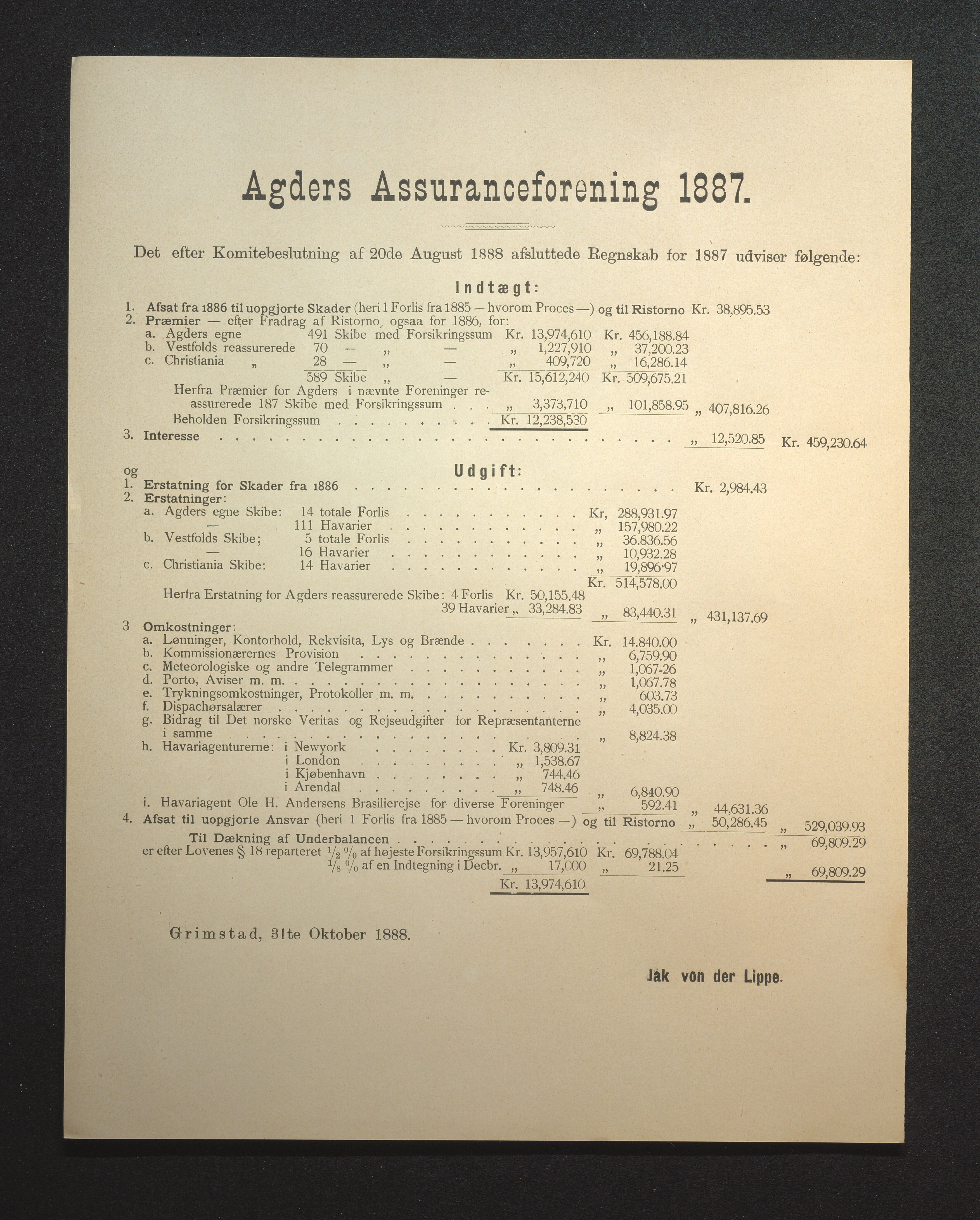 Agders Gjensidige Assuranceforening, AAKS/PA-1718/05/L0002: Regnskap, seilavdeling, pakkesak, 1881-1889