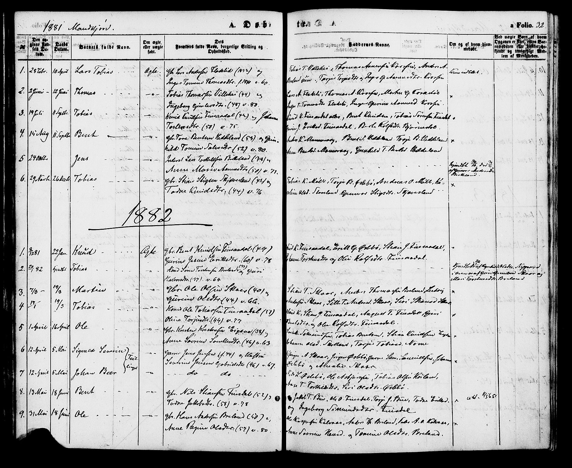 Holum sokneprestkontor, AV/SAK-1111-0022/F/Fa/Fac/L0003: Ministerialbok nr. A 3, 1860-1883, s. 32