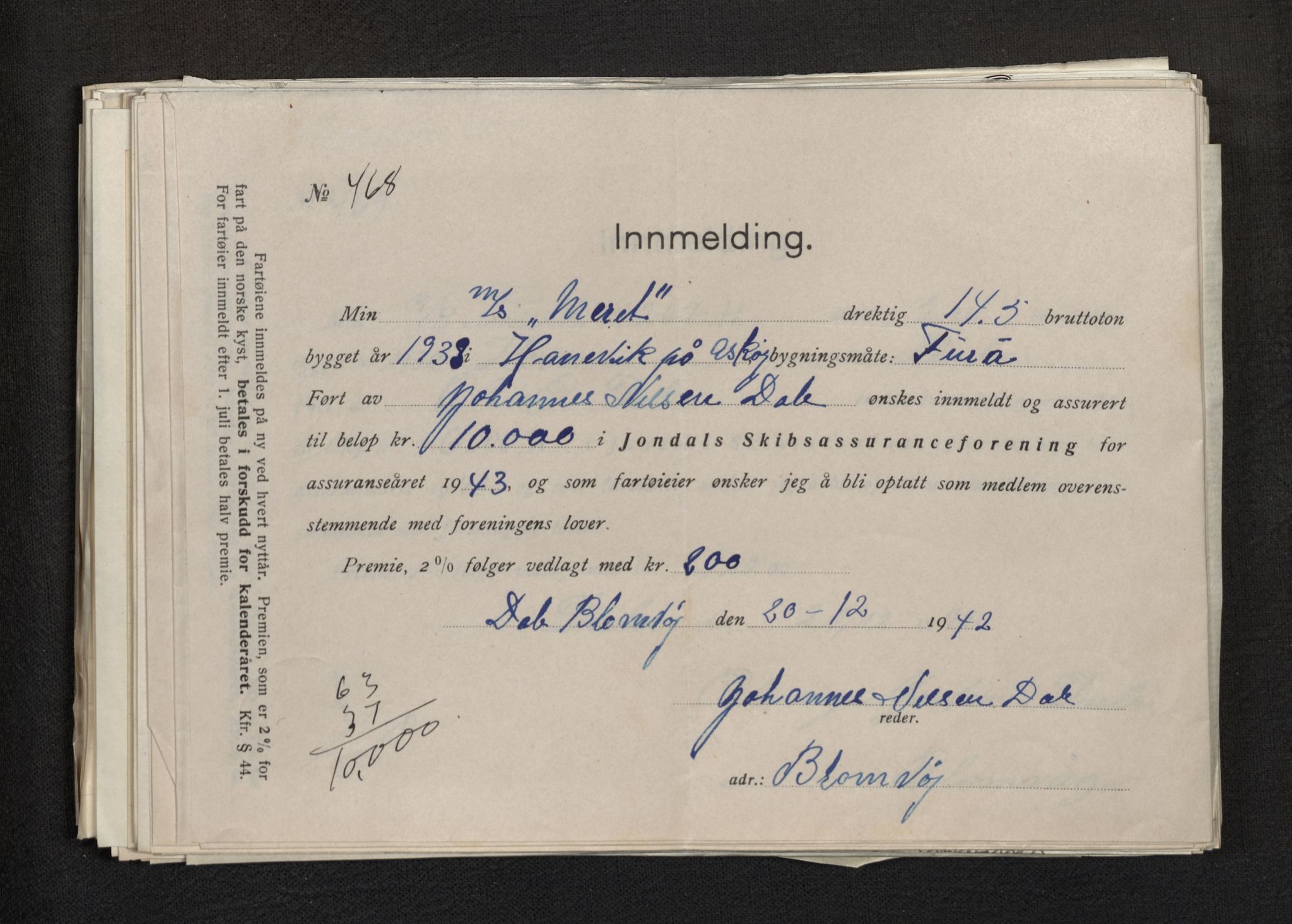 Jondal Skipsassuranseforening, AV/SAB-SAB/PA-0276/E/L0113: Korrespondanse , 1943