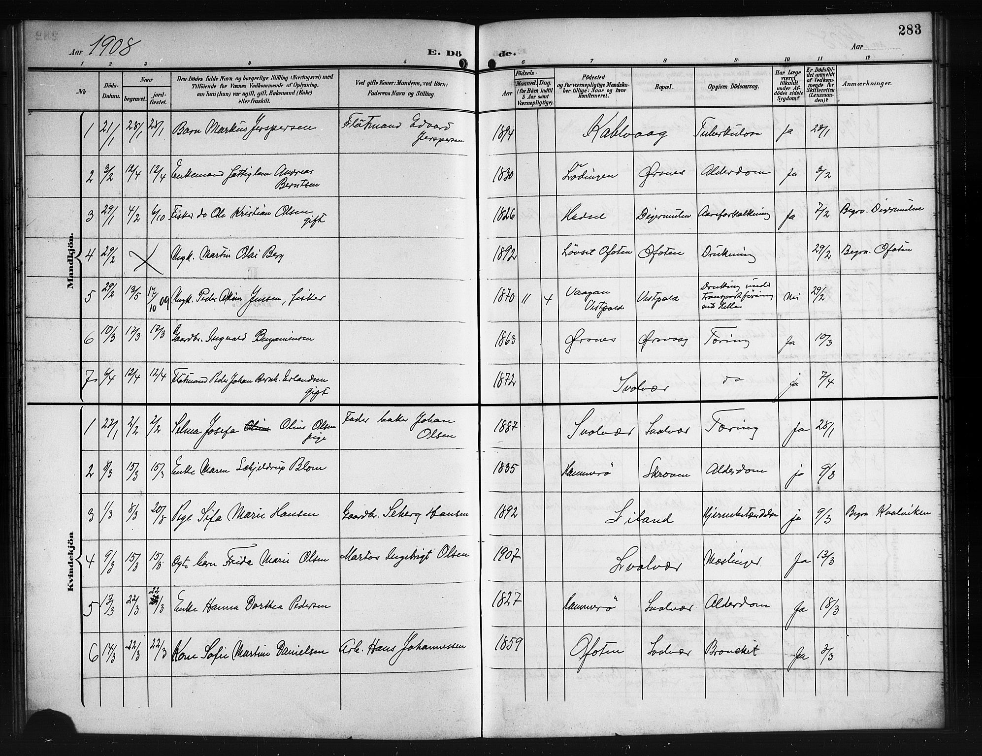 Ministerialprotokoller, klokkerbøker og fødselsregistre - Nordland, SAT/A-1459/874/L1079: Klokkerbok nr. 874C08, 1907-1915, s. 283