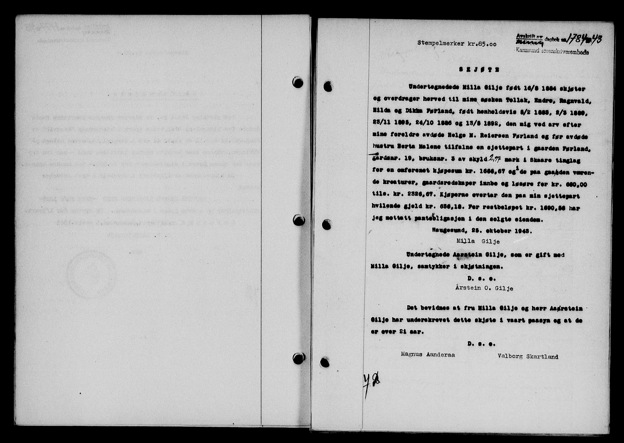Karmsund sorenskriveri, SAST/A-100311/01/II/IIB/L0080: Pantebok nr. 61A, 1943-1943, Dagboknr: 1784/1943