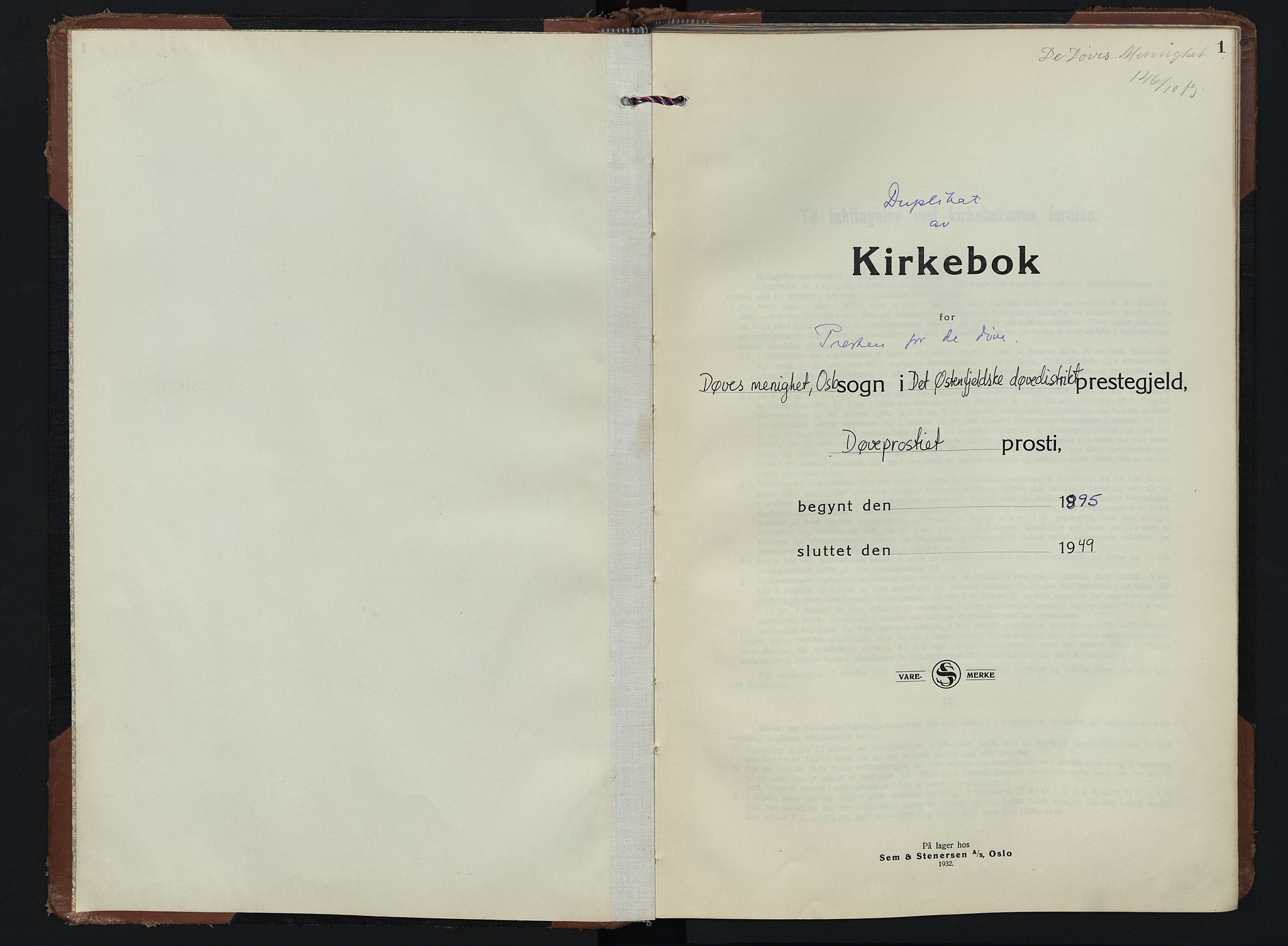 Døves menighet Oslo prestekontor kirkebøker, SAO/A-11064/G/L0001: Klokkerbok nr. 1, 1895-1949, s. 1