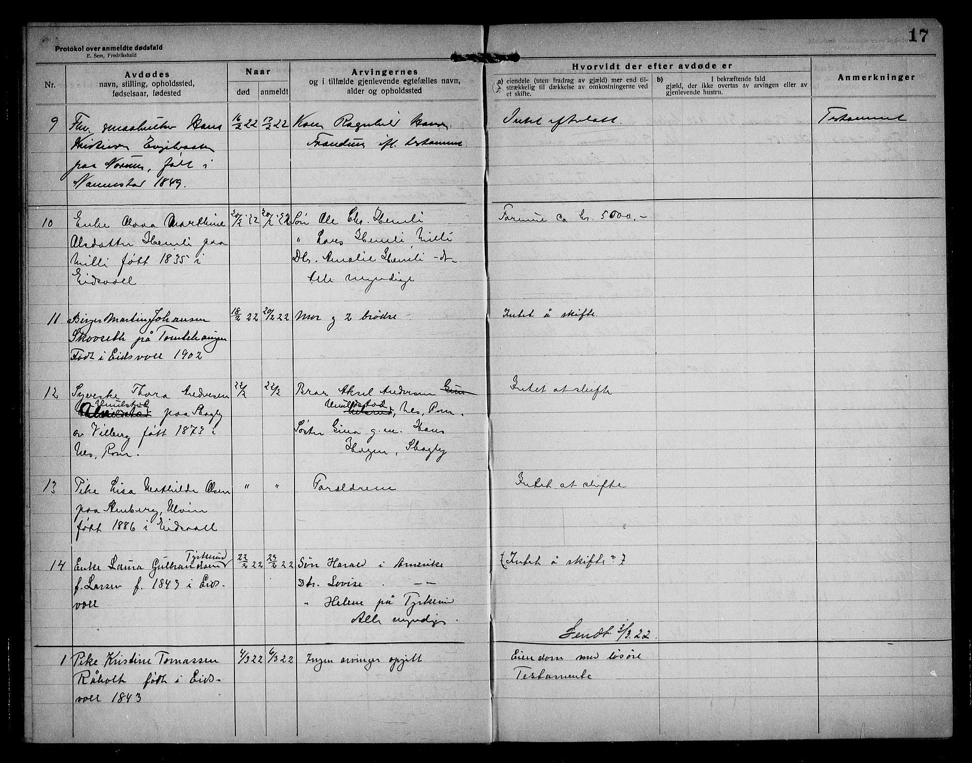 Eidsvoll lensmannskontor, AV/SAO-A-10266a/H/Ha/Haa/L0005: Dødsfallprotokoll, 1921-1930, s. 17