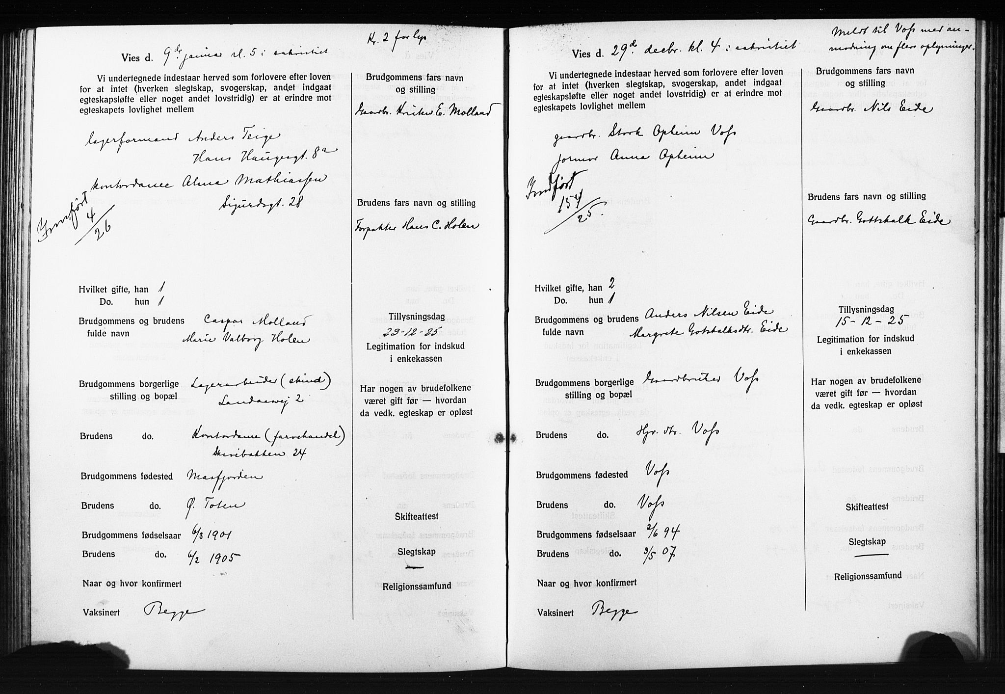 Domkirken sokneprestembete, SAB/A-74801: Forlovererklæringer nr. II.5.14, 1922-1927, s. 256