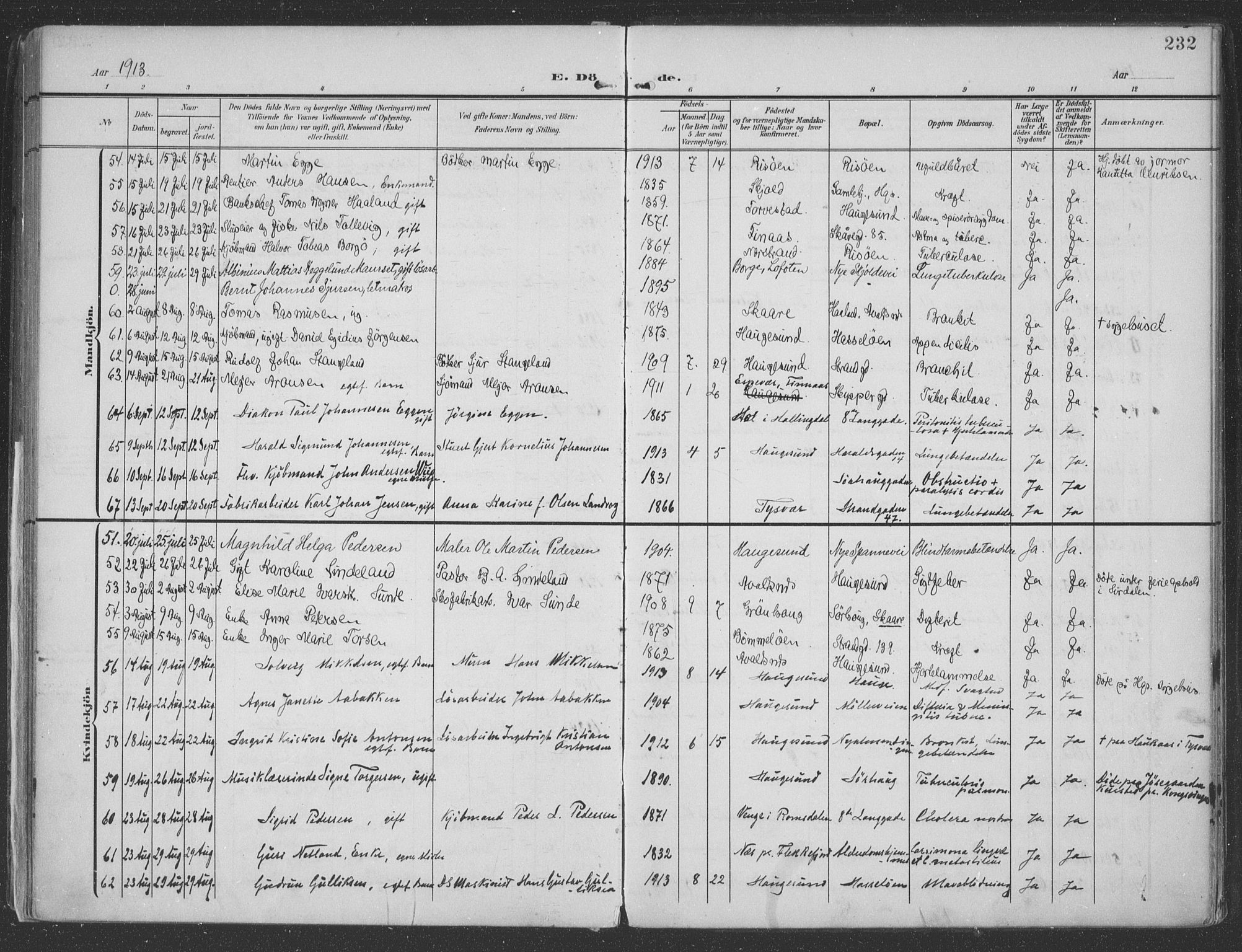 Haugesund sokneprestkontor, AV/SAST-A -101863/H/Ha/Haa/L0007: Ministerialbok nr. A 7, 1904-1916, s. 232